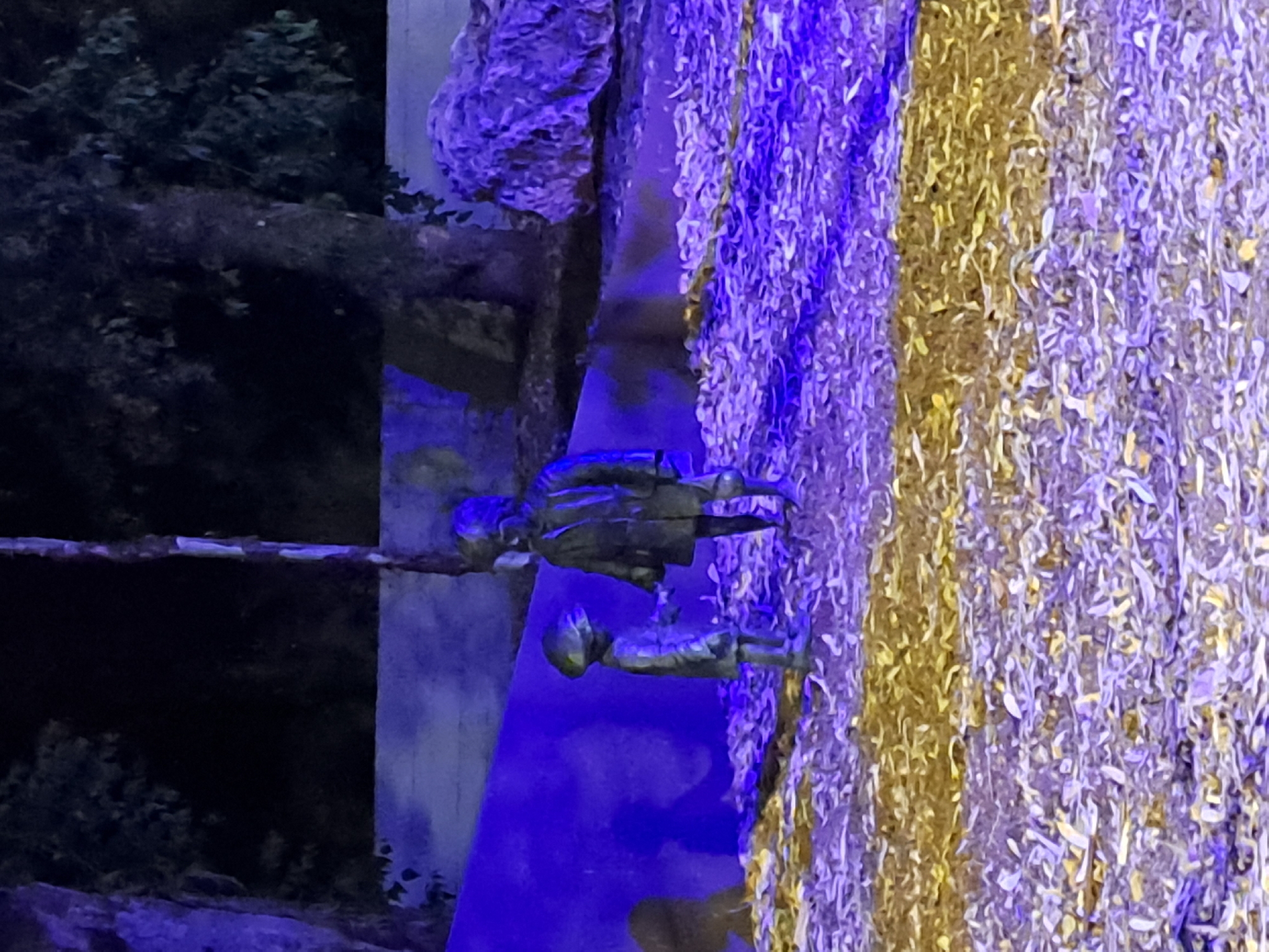 The image shows two small bronze statues of children standing on a ground covered with straw and fallen leaves. The statue on the left is smaller and wears a cap and coat, holding the hand of the larger statue on the right, which wears a coat and hat. The background features a dark, blurred forest area with a blue-lit wall. The scene appears to be an outdoor exhibit or installation, possibly in a park. The area depicted is located in Ramat HaSharon, Israel.