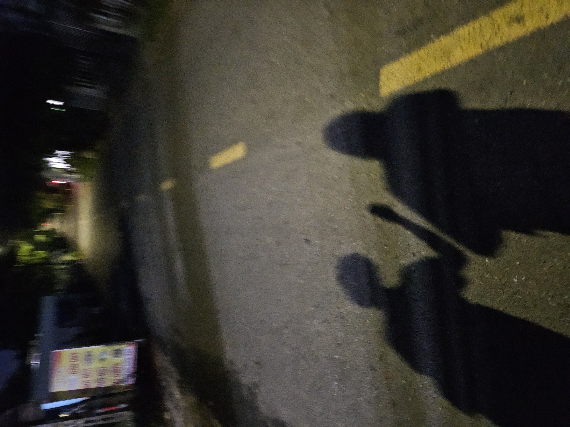 The image depicts a nighttime scene on a paved street in Đà Nẵng, Vietnam. The street is marked with a dashed yellow line running down its center. The perspective is low, focusing on the shadows of two individuals walking on the asphalt. The shadow on the left appears to be of a person wearing a hat or cap, while the shadow on the right is of a person wearing a hooded garment. Both shadows are cast forward, suggesting they are walking away from the camera. To the left of the street, a blurred sign with text in a foreign language is partially visible, mounted on a dark structure. The background shows dark silhouettes of trees and buildings, with faint lights in the distance indicating urban activity. The overall impression is that of a quiet street in a city at night.