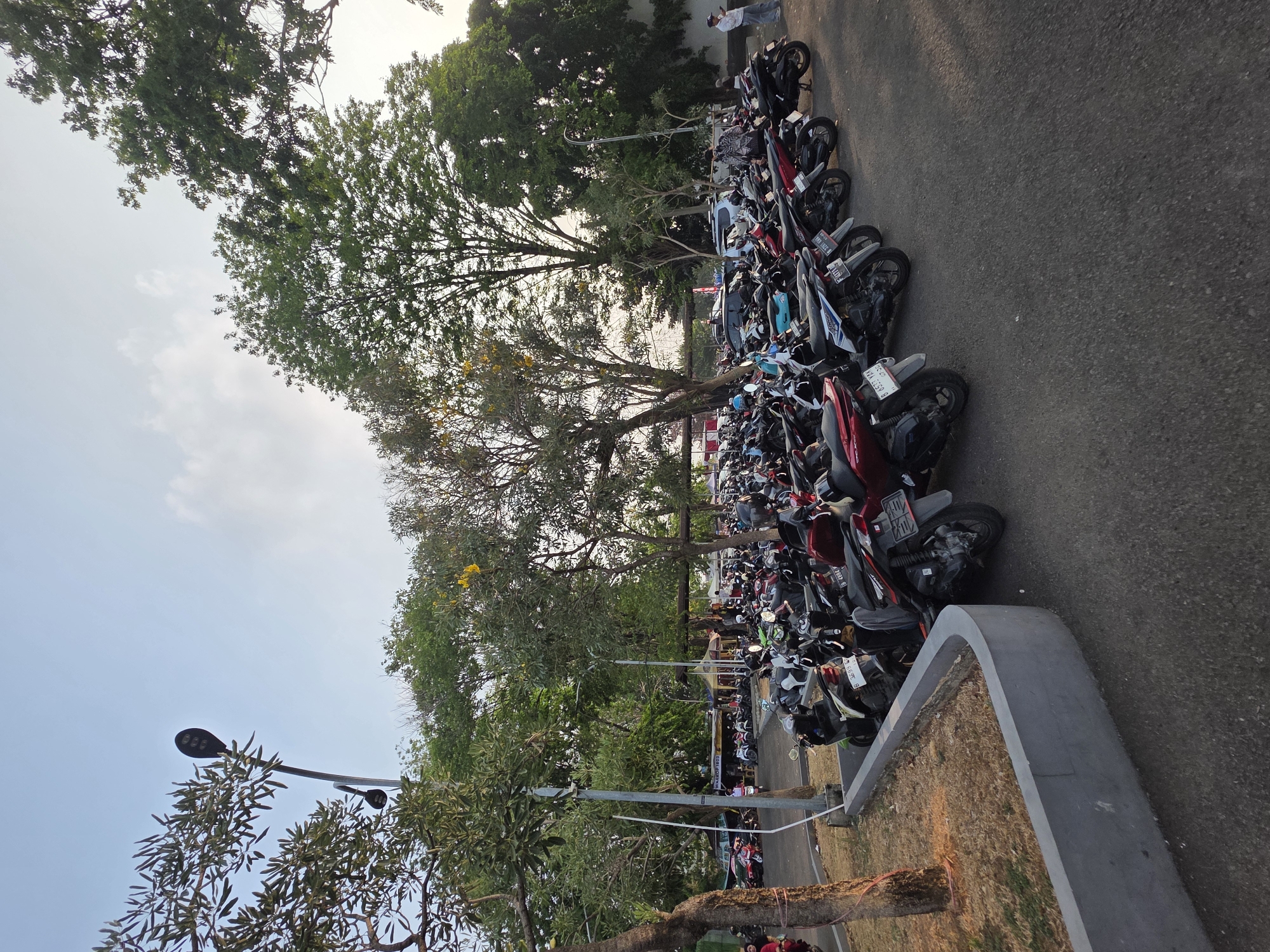 An outdoor, eye-level, medium-wide shot captures a large parking lot filled with motorcycles in Tambun, Indonesia. The scene is bathed in the soft light of what appears to be late afternoon or early evening, with a clear, pale blue sky overhead and wispy clouds.
Dominating the foreground and midground is a dense collection of parked motorcycles, primarily scooters, of various colors including black, red, white, and blue. They are neatly arranged in rows. Some of the motorcycles have visible license plates.
To the left, a portion of a concrete planter box with dry, straw-like grass and a rough-textured tree trunk is visible. A tall, dark street lamp with multiple lights stands behind the planter box, partially obscured by the branches of a leafy green tree.
In the background, more trees with lush green foliage frame the scene. Beyond the motorcycles, there are glimpses of tents and small structures, suggesting a market or event space. A few people are scattered throughout the parking lot and near the background structures, but their actions are not clearly discernible. One person in a white shirt stands to the far right, looking towards the parking lot. Another person in red is partially visible on the left side, near the planter. The ground is paved asphalt. The overall impression is a busy, functional parking area adjacent to an outdoor commercial or recreational space.