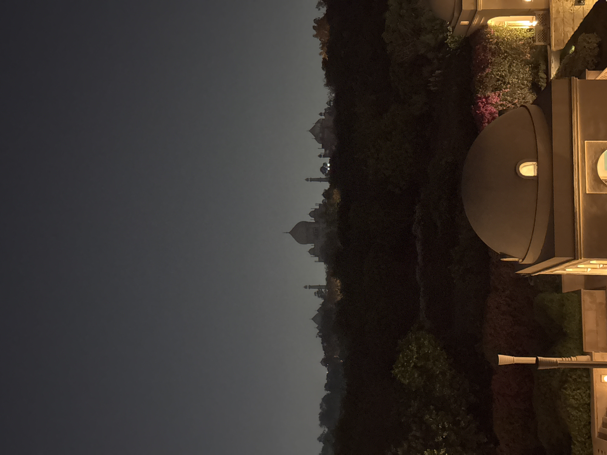 The image captures a distant view of the Taj Mahal in Agra, India, at night. The iconic mausoleum's silhouette is visible against a dark sky. In the foreground, vegetation and architectural elements, possibly from a nearby building or structure, frame the Taj Mahal. The architectural elements appear to be illuminated with artificial lights, creating a contrast with the darker background. The scene suggests a tranquil and possibly elevated vantage point for viewing the Taj Mahal.