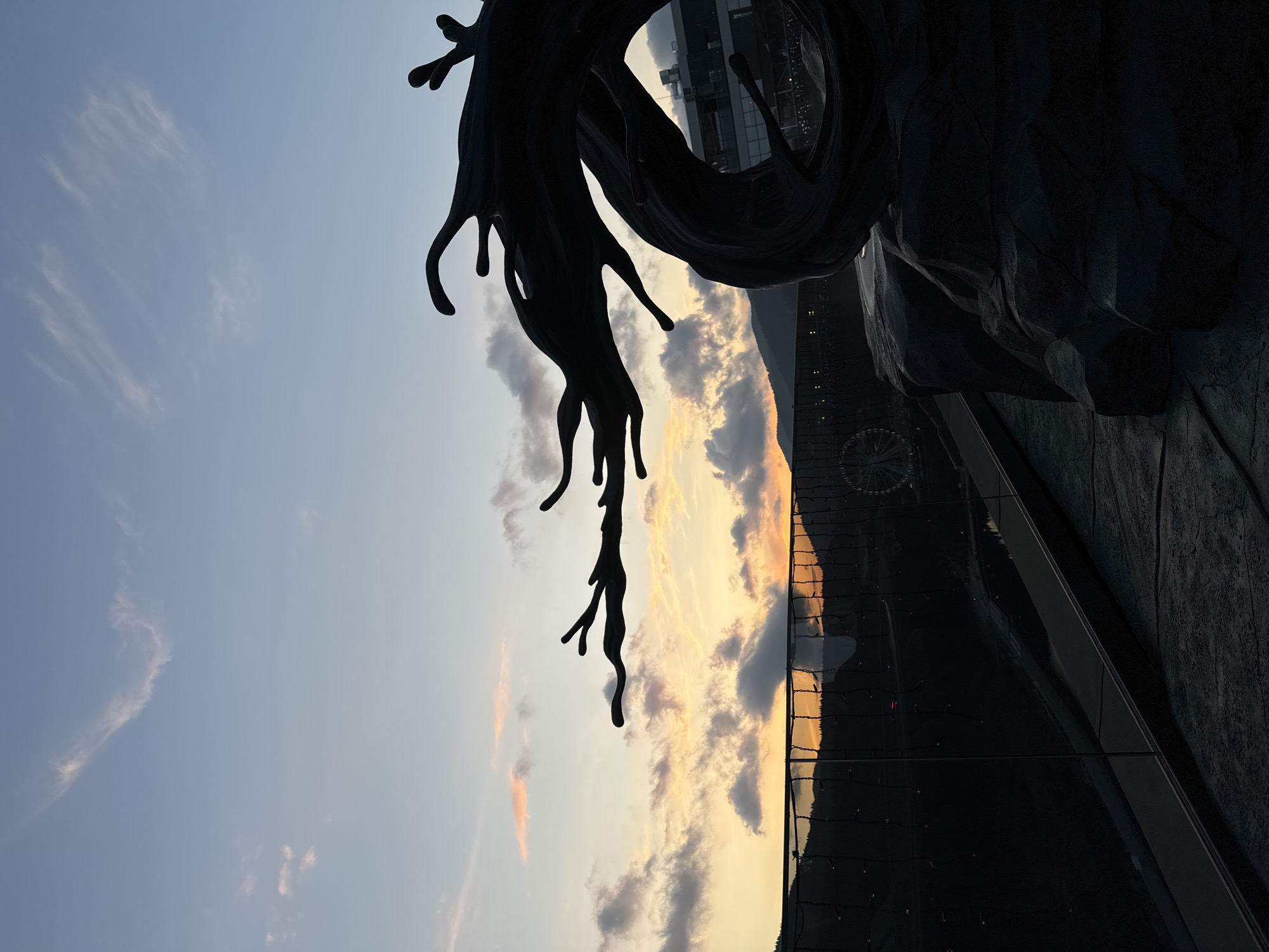The image captures a twilight scene with a dramatic silhouette of an abstract sculpture against a gradient sky. The sculpture, dark and amorphous with several prong-like extensions, is perched atop a rough, dark rock formation. In the background, a railing with string lights separates the foreground from a dark, reflective surface that appears to be water or a very smooth, dark ground. Beyond this, a landscape of rolling hills or mountains is visible, silhouetted against the colorful sunset. Faint lights are scattered across the distant landscape, suggesting a settlement or infrastructure. The sky transitions from a pale blue at the top to hues of orange, pink, and yellow near the horizon, with scattered, wispy clouds. A Ferris wheel is faintly discernible in the far distance on the left side of the image. The location is identified as Polianytsia, Ukraine. There are no people visible in the scene.