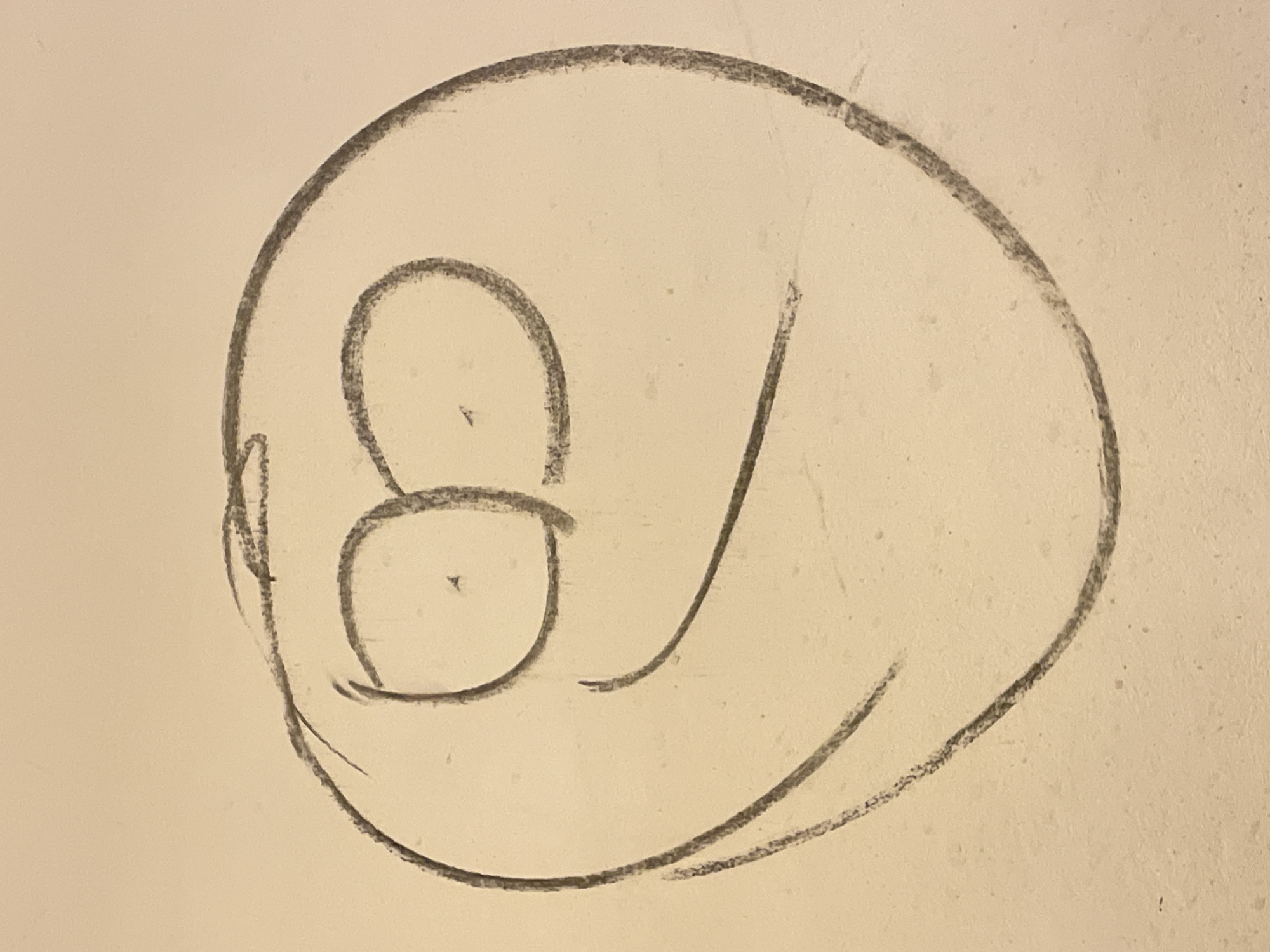 The image is a sketch of a sleeping person. The person is curled up with their head facing the left side of the frame. The head is drawn with a circular outline. The face is simplified, with two circular shapes representing the eyes and a curved line suggesting a mouth. A single line depicts the arm or hand tucked near the face. The rest of the body is indicated by a large, rounded shape, suggesting a curled-up posture. The sketch is drawn in a simple, unrefined style. There is no indication of the location being Yekaterinburg, Russia.
