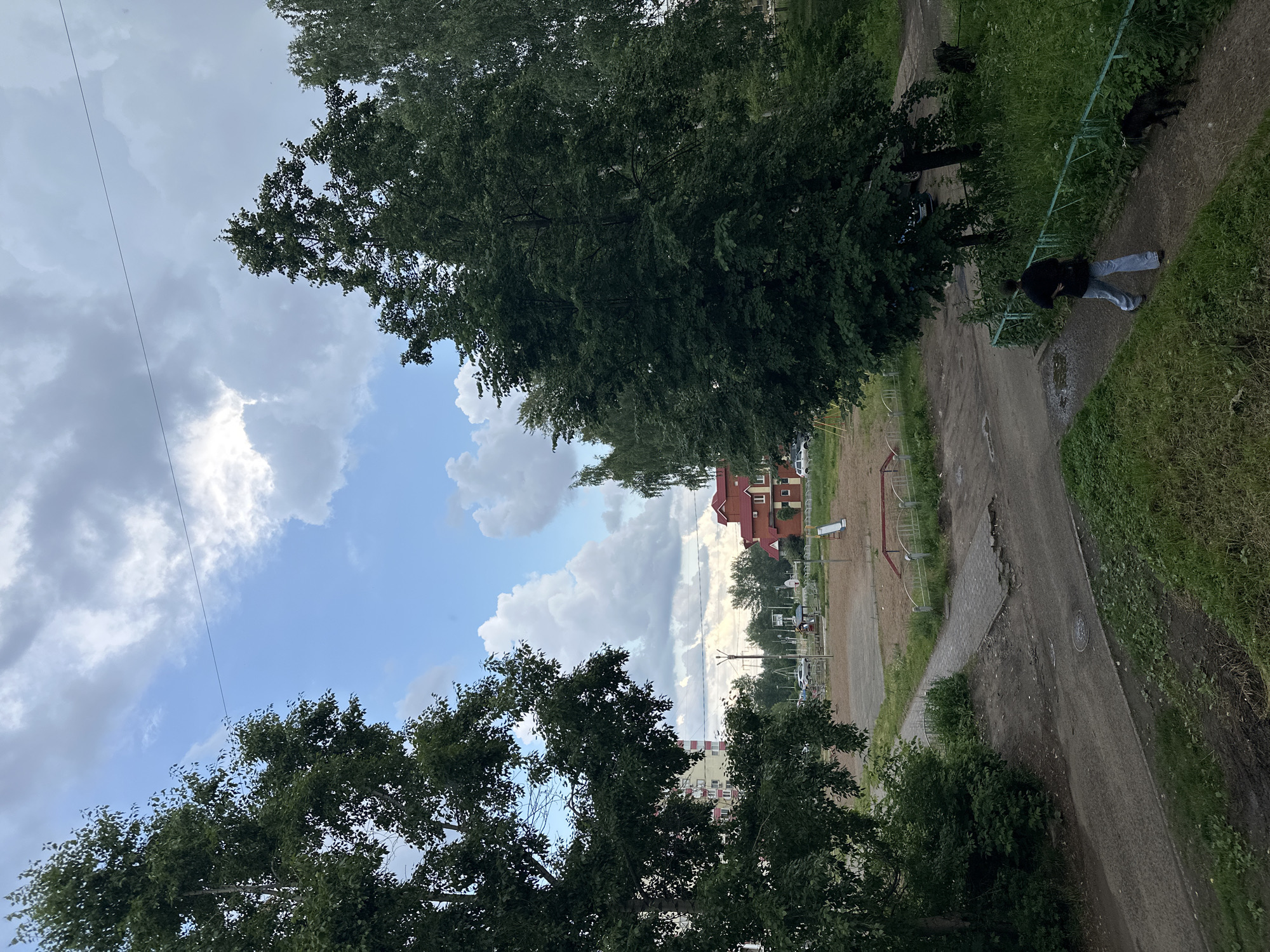 An aerial, eye-level view captures a courtyard in Chaikovsky, Russia, under a cloudy sky with patches of blue. The scene is dominated by lush green trees in the foreground and middle ground. To the left, a multi-story apartment building is partially visible, with a light-colored facade. The central area features a dilapidated playground with swings, a slide, and a sandy surface, bordered by a low, white metal fence. Further back, a red brick building with a gable roof stands prominently, resembling a house or a smaller community building. Several cars are parked in the background. A person in a dark shirt and light-colored jeans walks along a dirt path in the middle ground, accompanied by two black dogs. The path is lined with green grass and a turquoise metal fence. The ground in the courtyard appears to be a mix of dirt, gravel, and some paved areas showing signs of wear and tear, with visible puddles. Overhead, a thin black wire stretches across the frame.