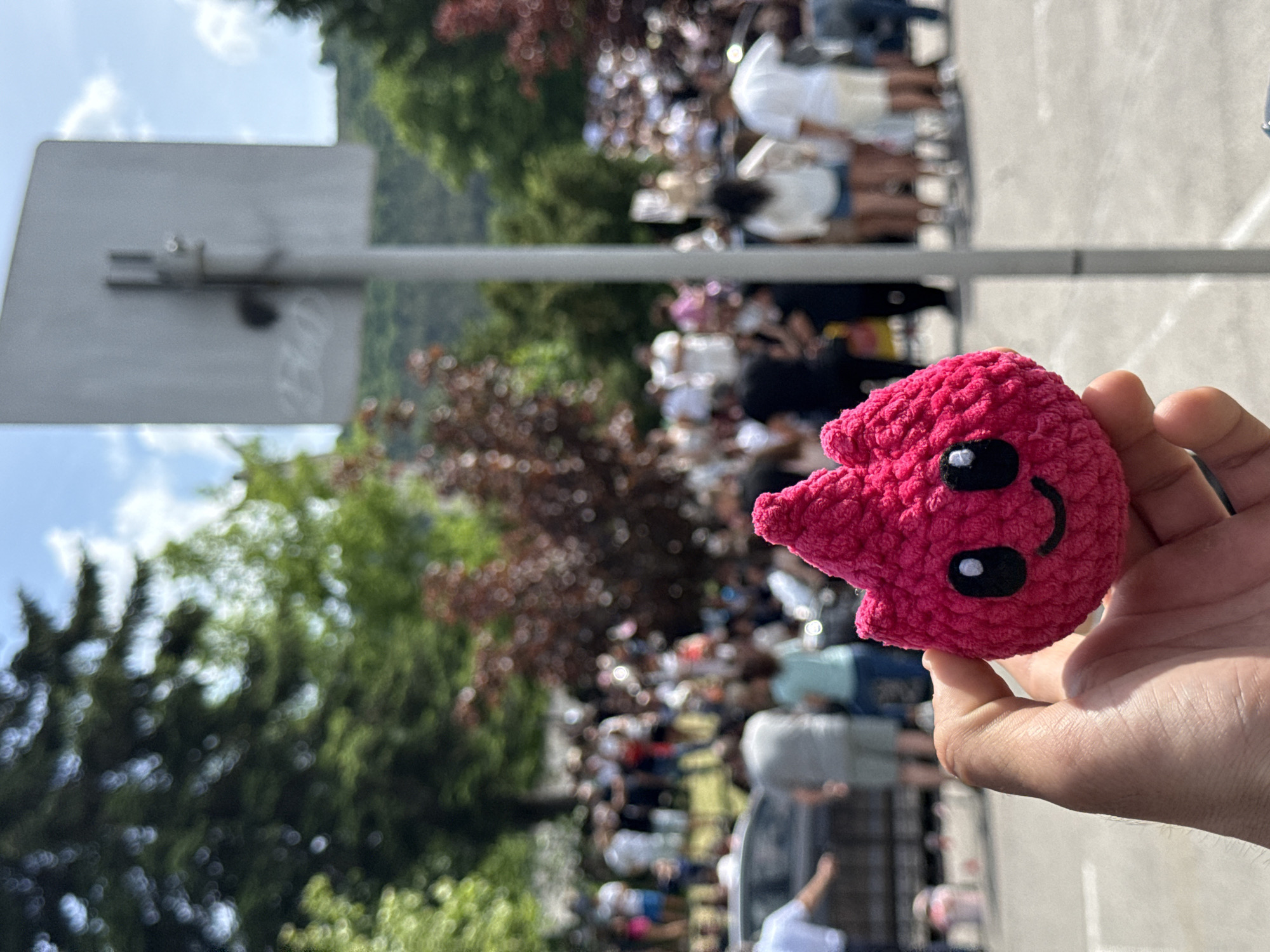 The image depicts a person holding a small, pink, crocheted object resembling a smiling creature with two eyes and a triangular snout. In the background, a crowd of people is gathered near a basketball court, with a basketball hoop and greenery visible. The image was taken outdoors in Shumen, Bulgaria.
