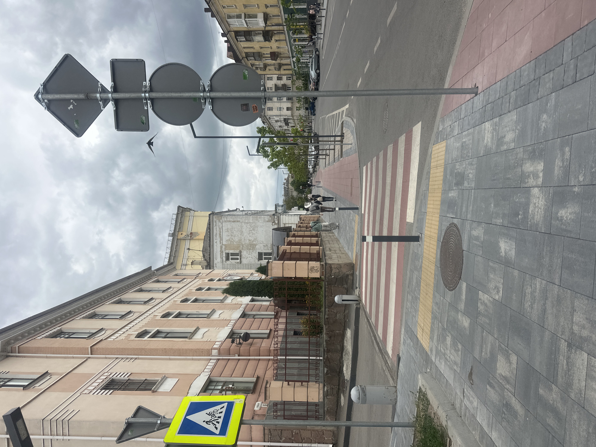 A street scene in Ternopil, Ukraine, depicts a pedestrian crossing with red and white stripes across the road, flanked by a sidewalk paved with gray interlocking bricks and a yellow tactile paving strip. To the left of the crossing, a building with a light pink facade and white trim stands, featuring regularly spaced windows and decorative architectural elements. Adjacent to the building is a fence with vertical metal bars and stone pillars. A yellow diamond-shaped pedestrian crossing sign with a blue pictogram of a person and a bicycle is mounted on a pole. Across the street, a road with multiple lanes is visible, lined with buildings of varying architectural styles and colors, including yellow and cream. Several cars are parked or driving on the road. The sky is overcast with gray clouds. In the mid-ground, a few individuals are walking along the sidewalk. A small bird is captured in flight against the cloudy sky. A set of three circular and rectangular road signs are mounted on a pole on the right side of the image.
