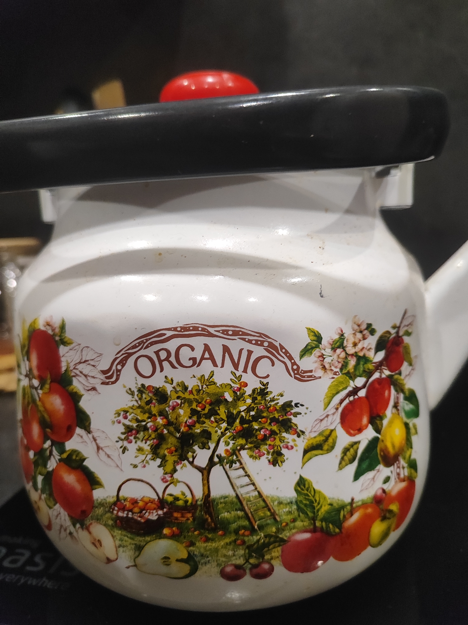 A white enamel teapot with a black handle and a red lid is shown from the side. The teapot is decorated with a scene depicting an orchard with apples, pears, and a small ladder leaning against a tree. The word "ORGANIC" is printed in the center of the design. The teapot is sitting on a dark surface, possibly a countertop or stovetop. The background is dark and out of focus. The image's context does not provide any information about its location in the city of Salavat, Russia.