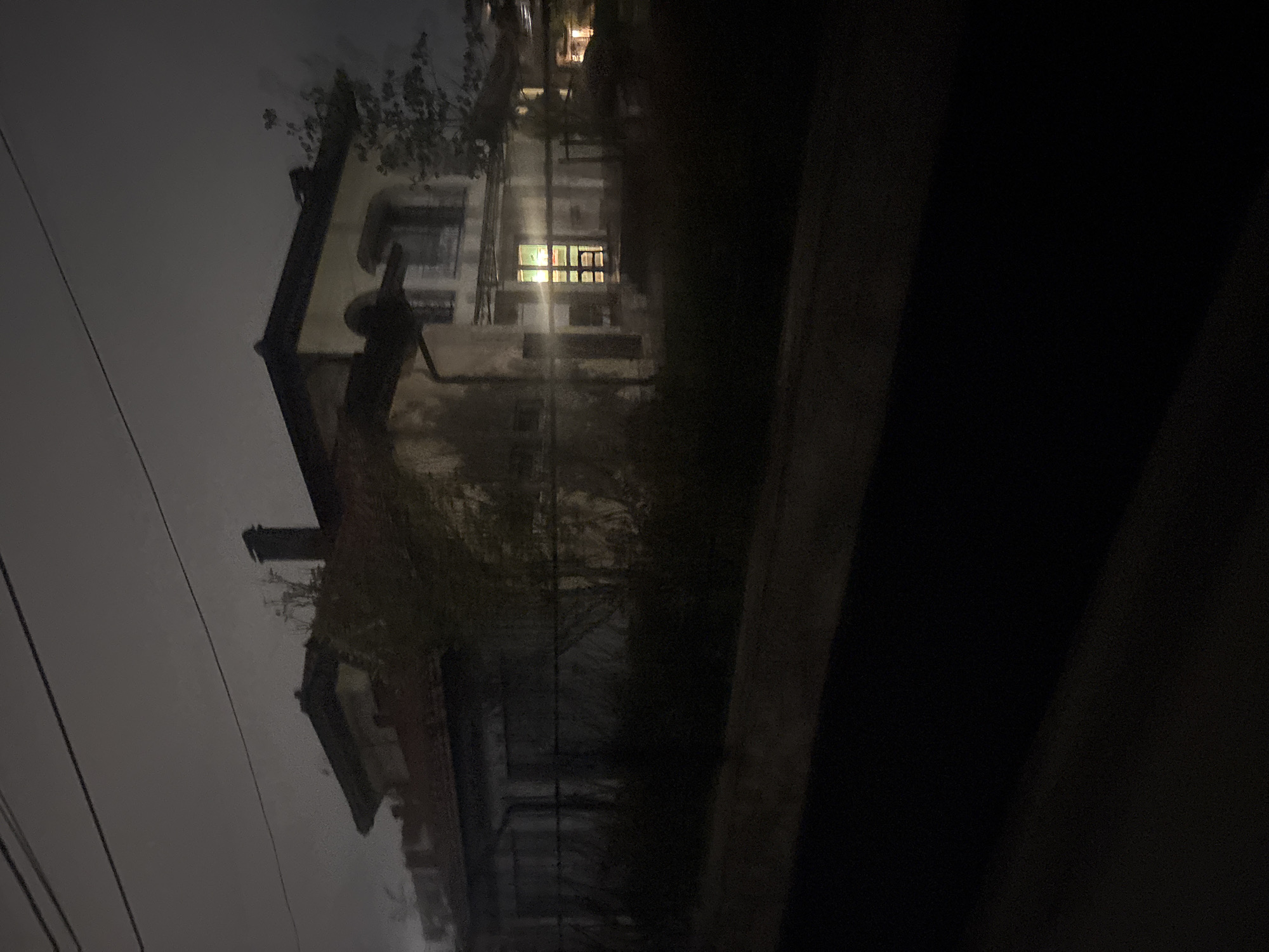 The image depicts a dimly lit, likely residential street in Plovdiv, Bulgaria at night. The focus is on a multi-story building, possibly an older house, which is partially obscured by trees or foliage. The building has a window lit with an interior light source. To the right, a dark, undefined structure (perhaps a wall or another building) dominates the foreground. A network of power lines stretches across the upper left portion of the frame against a dark, overcast sky. There are no people visible in the image. The overall impression is one of stillness and a slightly blurred quality.