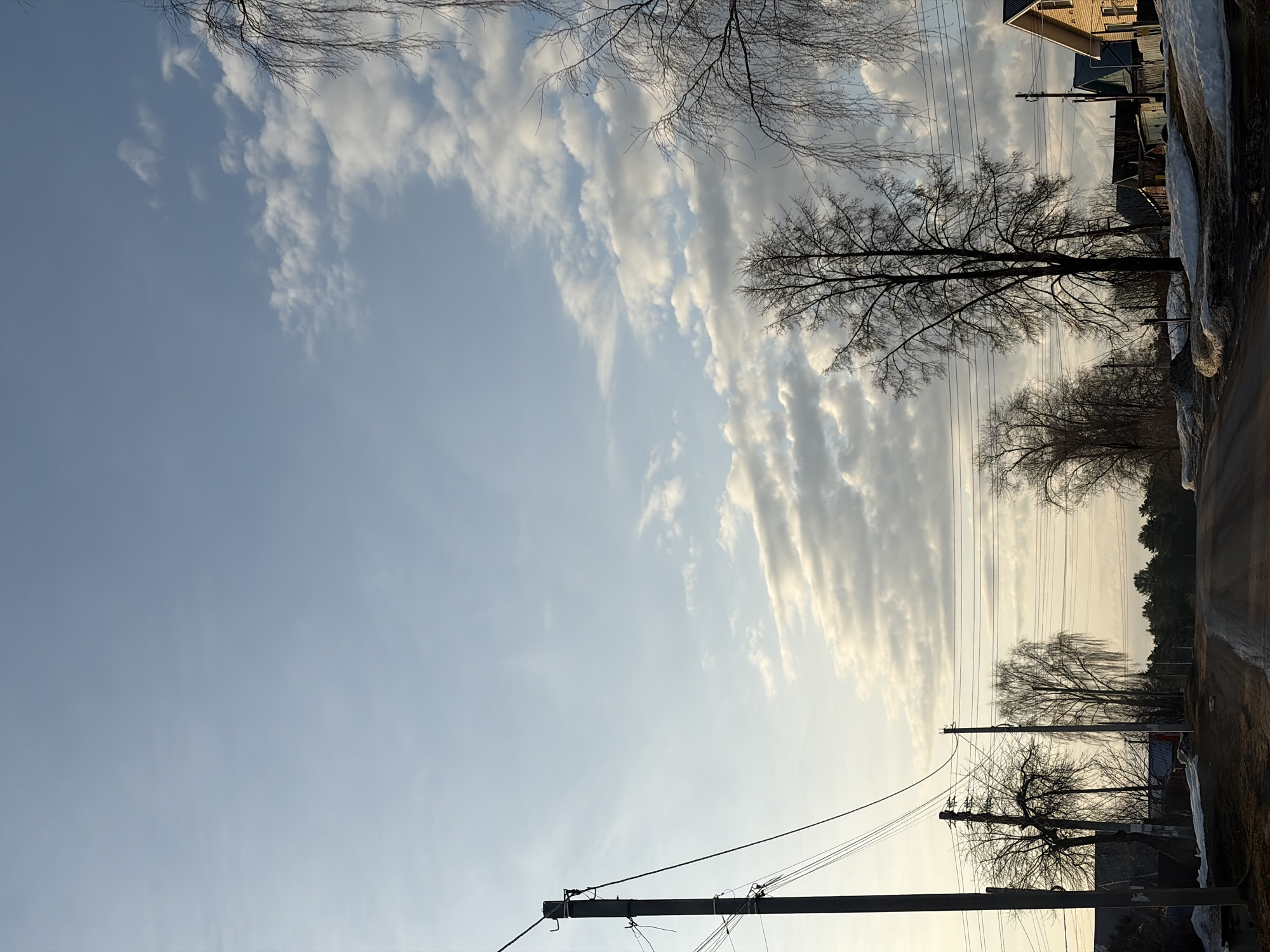 The image depicts a street in Chaikovsky, Russia, with a view towards the sky. The sky is partially covered with altocumulus clouds arranged in bands, indicating atmospheric instability. Several bare trees line the street, their branches silhouetted against the sky. Utility poles with power lines run along the side of the street. The street itself appears to be paved and is wet. Patches of snow and ice are visible along the edge of the road. A house or building is partially visible on the right side of the image. The overall scene suggests a late winter or early spring day.