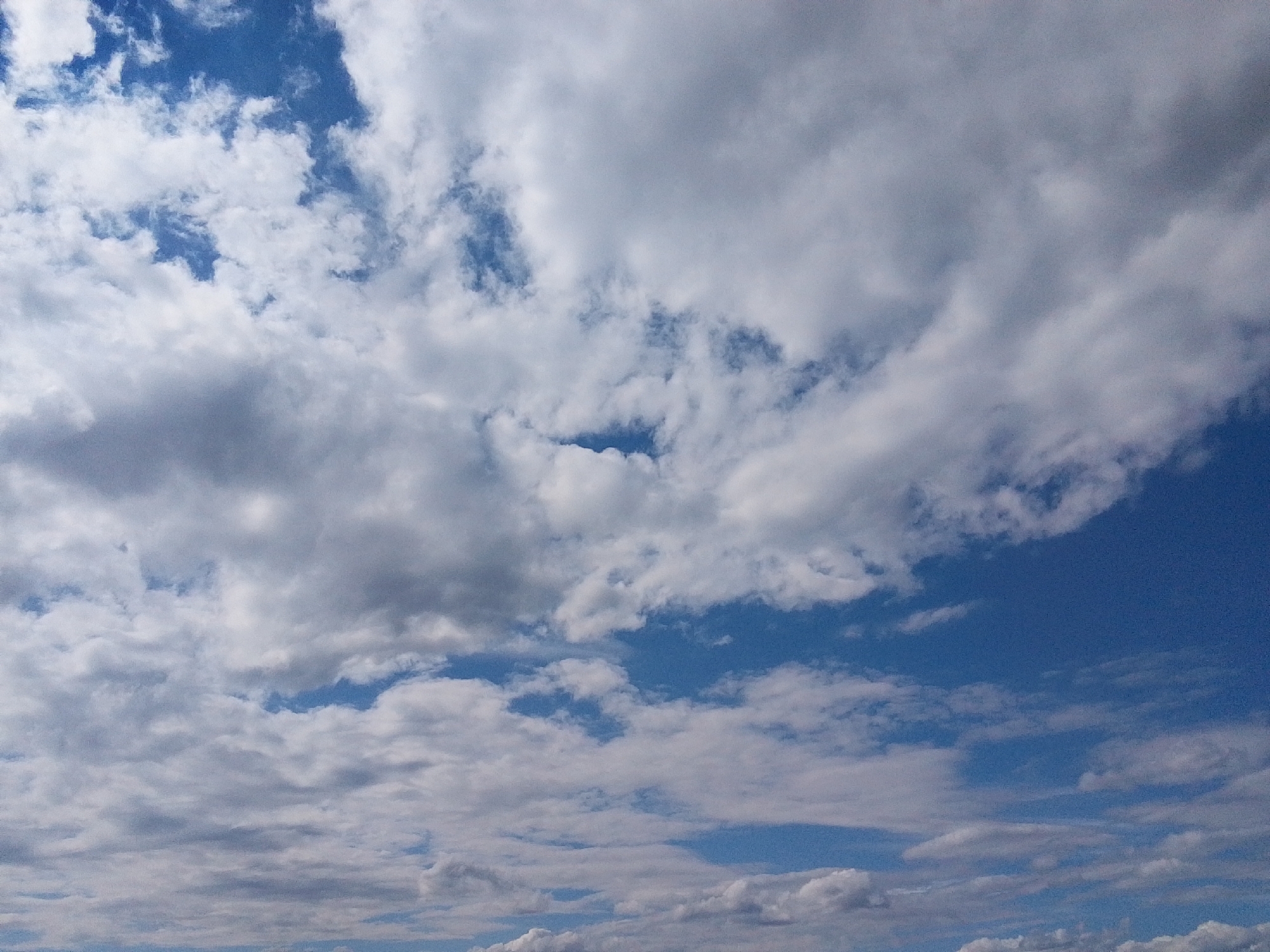This media file is a photograph of a cloudy sky on a bright day. The sky is a vibrant blue with a mixture of white and gray clouds. Some clouds are thin and wispy, while others are dense and puffy. The sunlight filters through the clouds, creating varying levels of light and shadow. The overall impression is one of a dynamic and changing sky, typical of a partly cloudy day. There are no people, objects, text, or discernible location cues in the image. The time of day appears to be daytime, due to the brightness of the sky and the illumination of the clouds. The weather can be described as partly cloudy, with a clear blue sky peeking through in several areas.