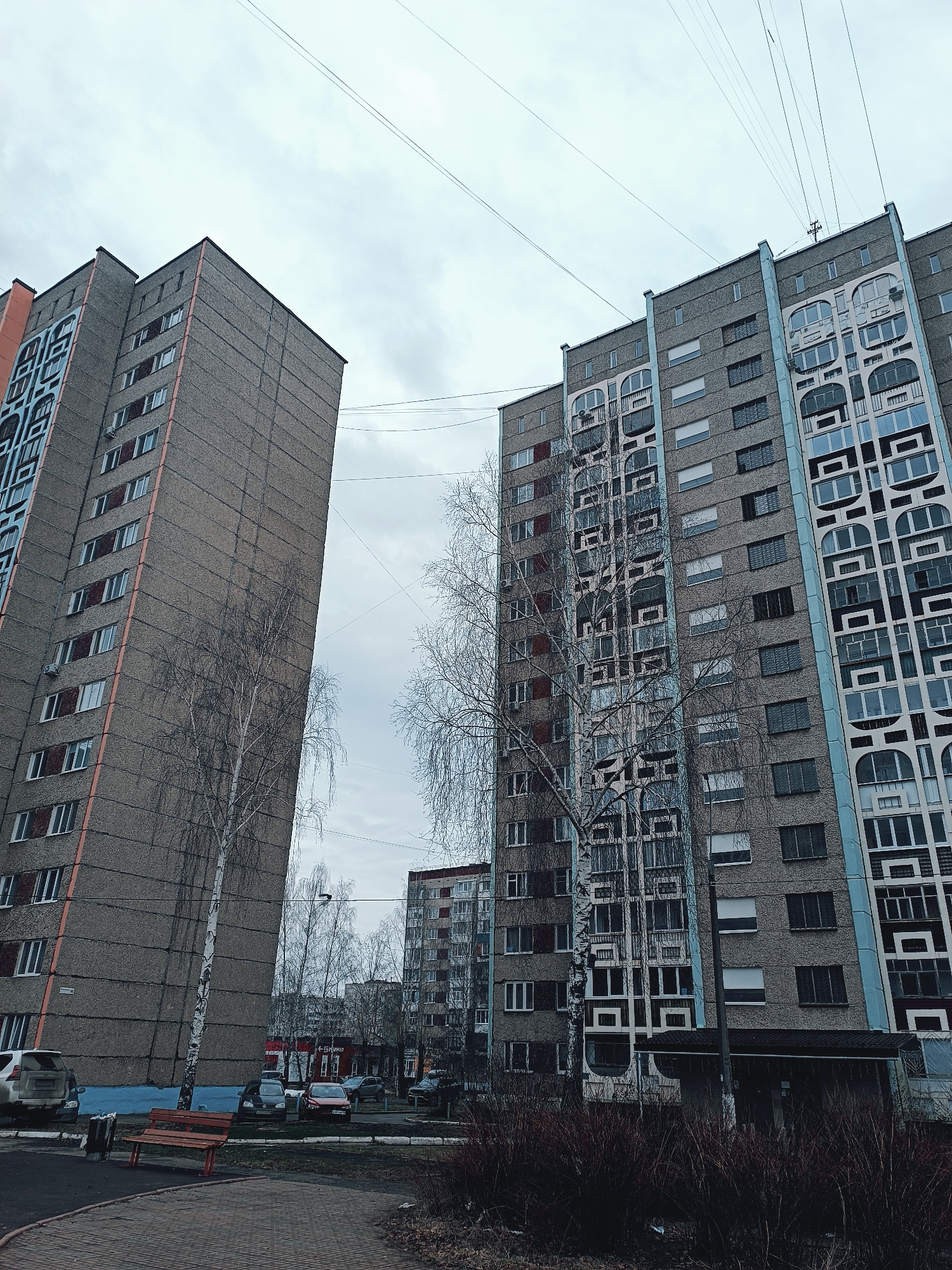The image depicts a neighborhood in Izhevsk, Russia, characterized by Soviet-era apartment buildings. The buildings are predominantly gray with decorative facades featuring repetitive geometric patterns. Power lines crisscross overhead. Bare birch trees stand in the foreground, suggesting a late autumn or early spring season. Parked cars are visible along the street. A red bench sits on a paved area near a patch of bare ground and sparse vegetation. The sky is overcast and gray. No people are visible in the shot.