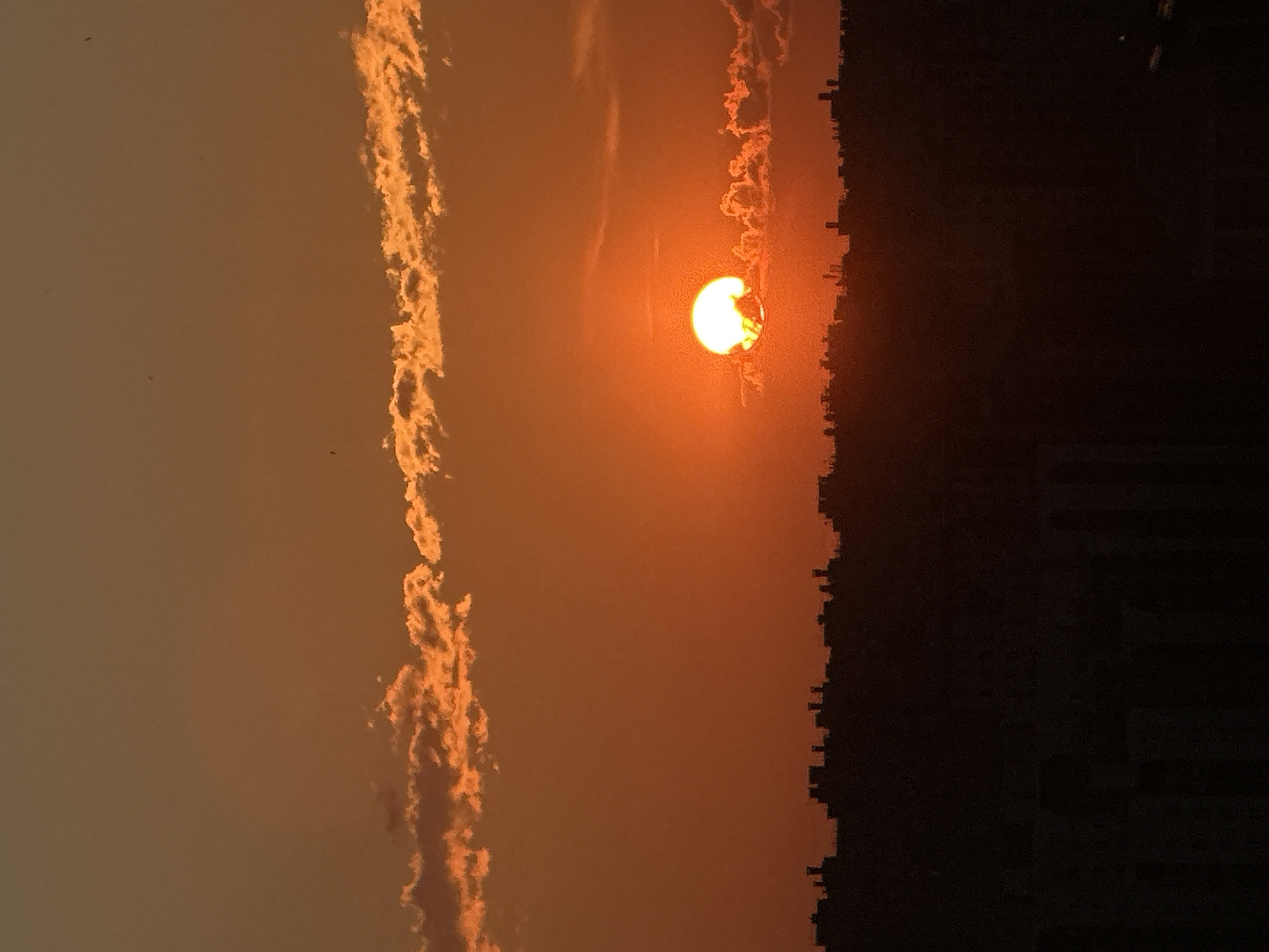 This is a landscape photograph featuring a sunset or sunrise over a cityscape. The sun, a bright orange orb, is partially obscured by wispy clouds, creating a dramatic and vibrant sky. The colors of the sky transition from a pale orange-yellow near the sun to a deeper, richer orange further away.
On the right side of the image, the silhouette of a city skyline is visible. The buildings are dark and indistinct, with a jagged edge where they meet the sky, suggesting they are the rooftops of a metropolitan area. The overall impression is one of an urban environment at the edge of day or the beginning of a new one.
On the left side of the frame, there are streaks of clouds that appear illuminated by the setting or rising sun, contrasting with the clearer, paler sky in that section. A few tiny, dark specks are present in the sky, which could be birds or distant aircraft, but they are too small to be identified definitively.
The time of day is clearly either sunset or sunrise due to the low angle of the sun and the warm, intense colors of the sky. The weather appears to be clear enough for a sunset or sunrise to be visible, though there are clouds present. The location is unknown, but the cityscape suggests an urban setting. There is no visible text in the image. The mood of the photograph is serene and awe-inspiring, capturing the natural beauty of a sunset or sunrise against the backdrop of human development.