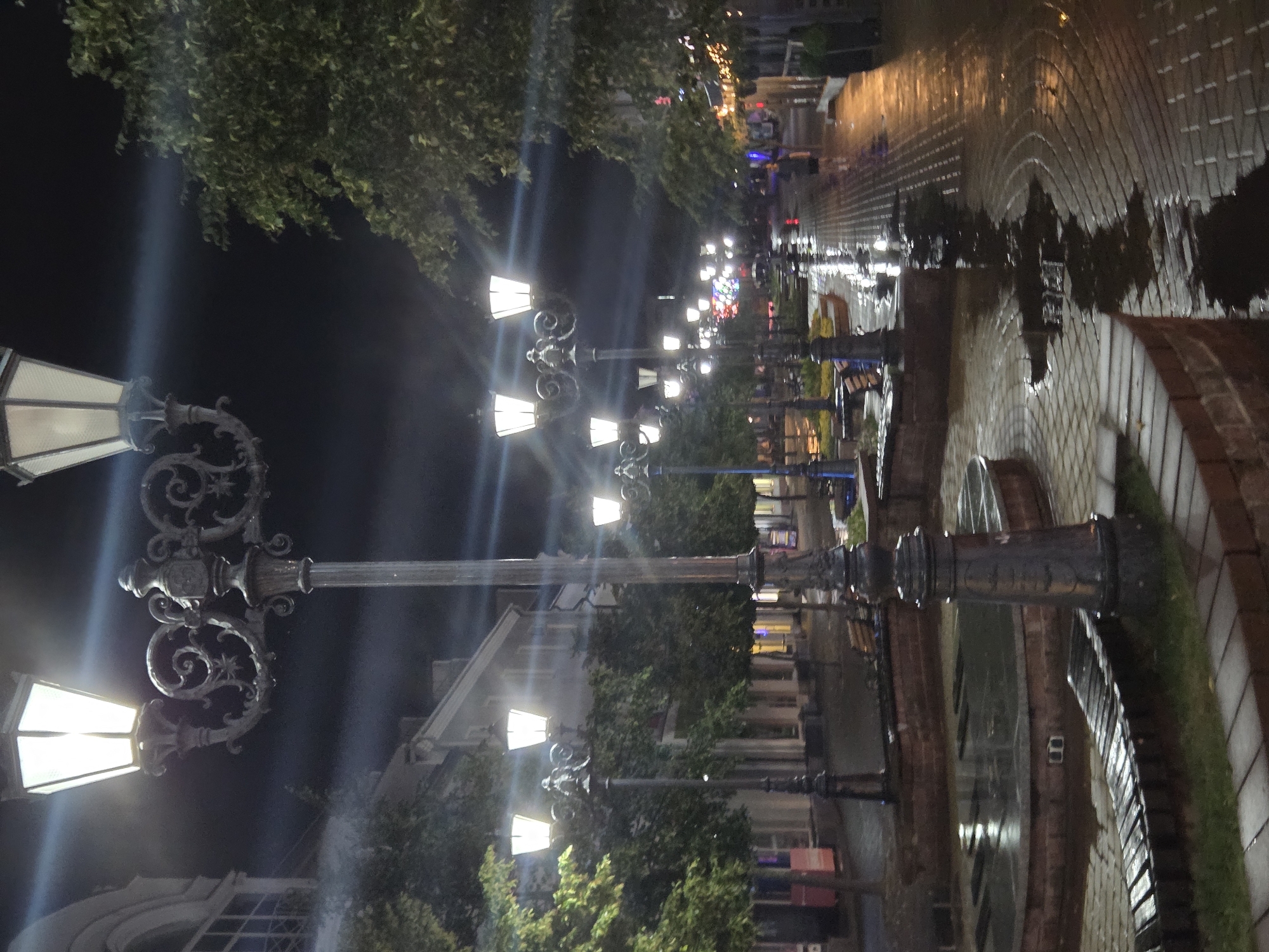 The image captures a street scene at night in Brest, Belarus, likely in a pedestrian zone. A prominent, ornate streetlamp with multiple illuminated fixtures stands in the foreground, casting a warm glow. The street and sidewalks are wet, reflecting the lights, suggesting recent rain. Lined with trees and buildings with illuminated windows, the street stretches into the distance, where more streetlamps are visible. The overall atmosphere is tranquil and illuminated, typical of a well-lit urban area after dark.