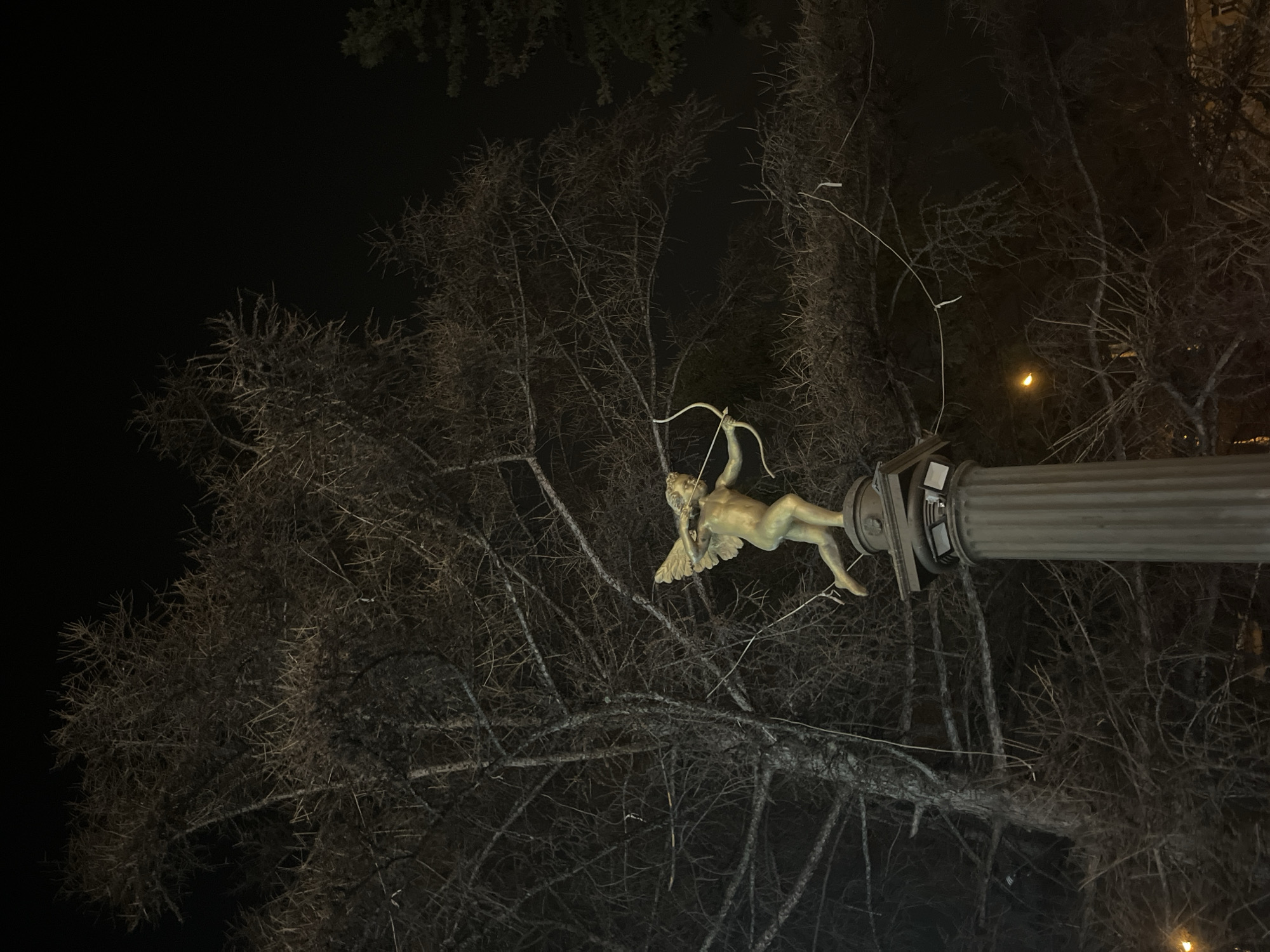 The image shows a statue of an archer on a column at night, surrounded by bare trees. It is located in Krasnoyarsk, Russia. The statue is a light color, possibly gold or bronze, and the column is a darker color. The trees are dark and silhouetted against the night sky. A light is visible in the background.