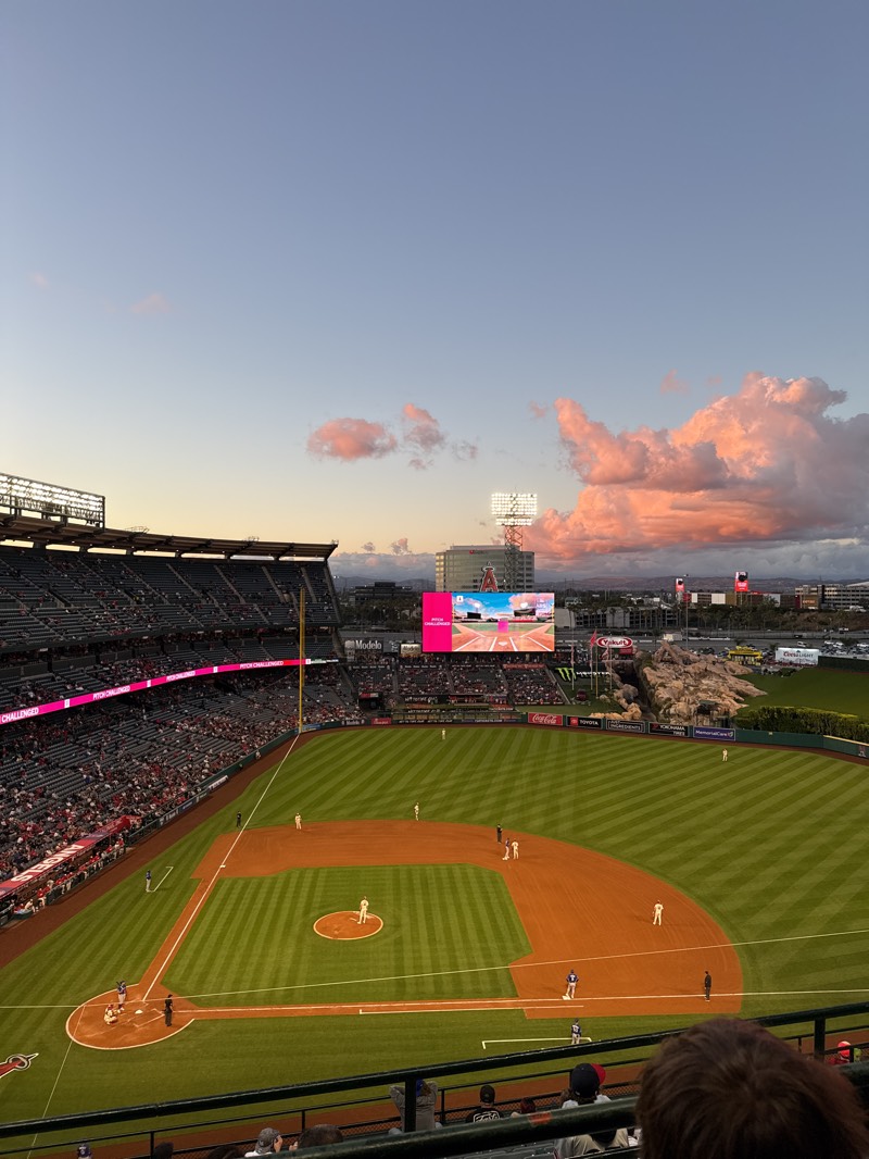 This wide-angle image captures a baseball game in progress at Angel Stadium in Anaheim, California, during the twilight hours. The sky transitions from a clear, pale blue at the top to warm orange and pink tones near the horizon, illuminated by a sunset that casts a vibrant glow on several fluffy pink clouds.
The main subjects are the baseball field and the surrounding stadium. The manicured green outfield features distinct striped patterns, while the brown dirt infield is clearly delineated by white bases and foul lines. Several baseball players are visible on the field in both light and dark uniforms, positioned for play; a pitcher is on the mound, a catcher is behind home plate, and other fielders are strategically placed.
The stadium stands are packed with spectators, particularly on the left side of the frame, indicating a well-attended game. A large video scoreboard in the background displays imagery related to the game or advertisements. To the right of the scoreboard, a distinctive rock formation with artificial waterfalls, a signature feature of Angel Stadium, is visible. Tall stadium light towers are also seen, beginning to illuminate as natural light fades.
Notable details include various sponsor logos and text. A ribbon board prominently displays "PITCH CHALLENGED." Other visible brand names include "Modelo," "Coca-Cola," "Monster Energy," "Yakult," "Toyota," "Yokohama Tires," and "Coors Light." A red "A" logo, likely representing the Angels team, is visible on a building in the distance. The bottom right foreground shows the top of a spectator's head, indicating the viewpoint from the stands. The scene conveys the excitement of an evening baseball game under a colorful sky.