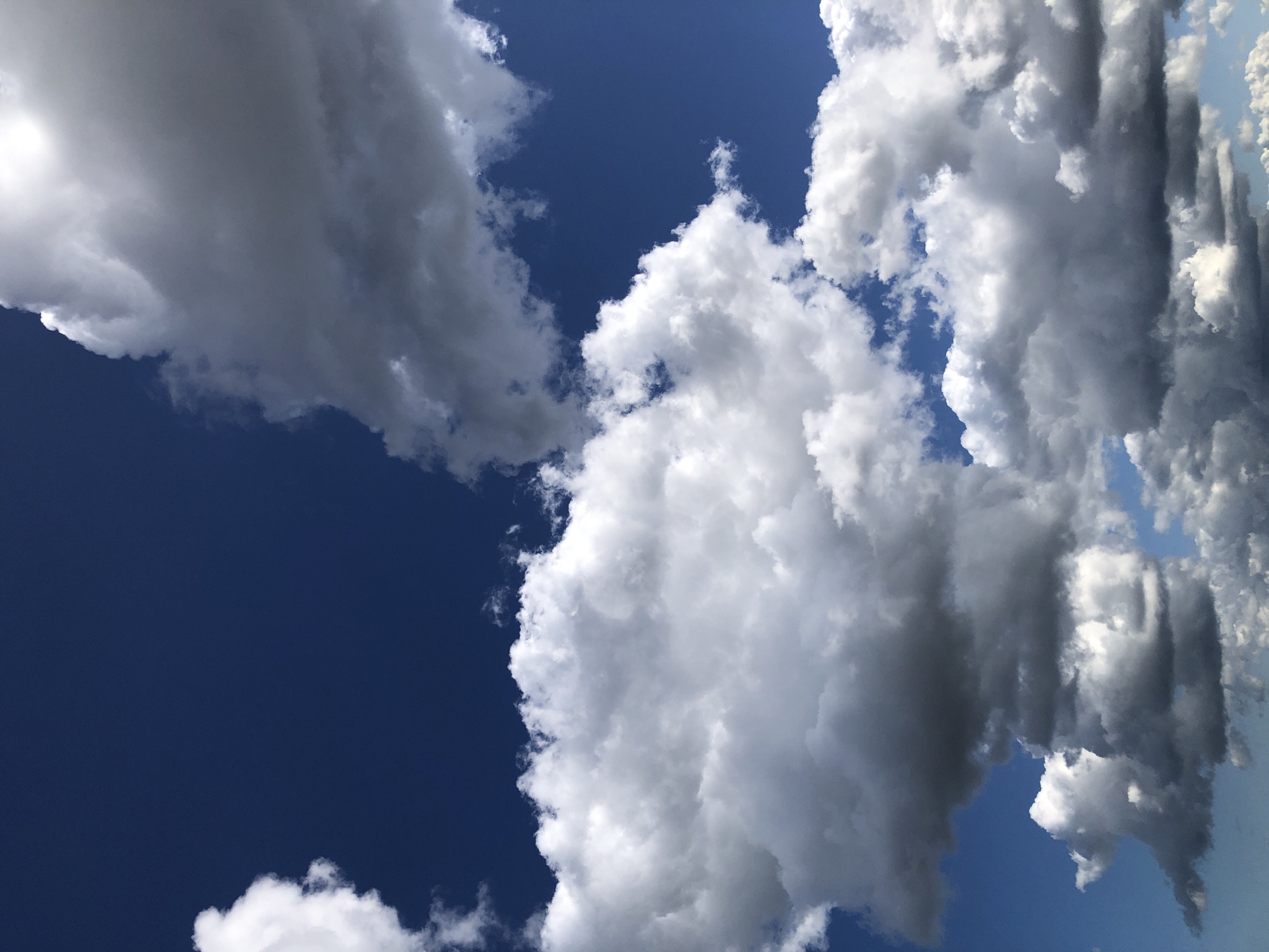 A low-angle, vertical medium shot captures a dynamic expanse of sky filled with a variety of clouds against a deep blue backdrop. In the upper right, a large, bright white cloud is illuminated by the sun, with its edges softening into a hazy glow. Below and to the left of this, a darker, grayer cloud looms, its mass suggesting depth and volume.
The middle of the frame is dominated by a massive, fluffy white cloud, its textured surface catching the light and casting subtle shadows. This cloud is layered, with some sections appearing denser and more shadowed than others. Scattered smaller white clouds pepper the sky throughout the image, some appearing wispy and delicate, while others are more substantial.
In the lower portion of the image, more dense clouds accumulate, their undersides a darker gray, indicating thickness and potential for rain. The blue of the sky peeks through in various patches between the clouds. The overall impression is one of a lively sky with developing cloud formations on what appears to be a bright day. The location is Unknown, Unknown. There are no people, subjects, or objects other than clouds and sky in the image.