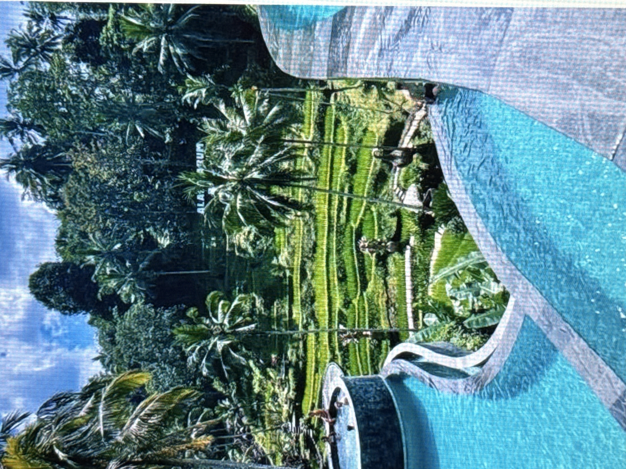 The image depicts a tropical landscape with lush green rice terraces cascading down a hillside under a cloudy sky. In the foreground, an infinity pool with bright turquoise water is visible, its edge curving towards the right side of the frame. Several people are in the pool, with one person sitting on the edge. A circular jacuzzi or smaller pool is also visible to the left of the main pool, with more people in it. The background is dominated by dense foliage, including palm trees and other tropical vegetation. A sign with the words "ALAM URUM" is visible in white lettering amidst the greenery. The scene suggests a resort or a luxurious villa with a breathtaking view of the natural landscape. The city and country are not identifiable from the image.