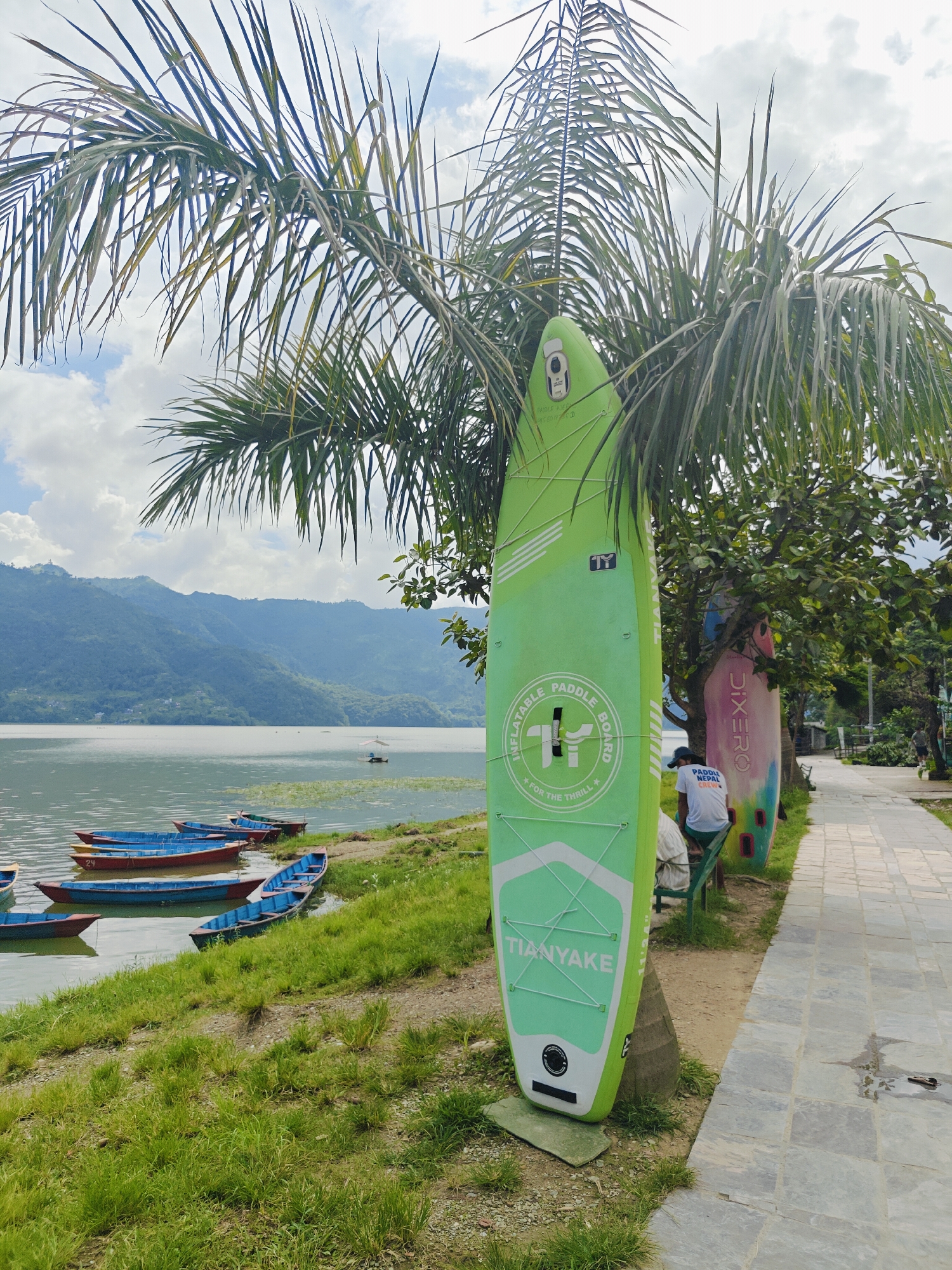 The image shows a scene along the edge of Phewa Lake in Pokhara, Nepal. In the foreground, a bright green inflatable stand-up paddleboard, labeled "TIANYAKE" and "INFLATABLE PADDLE BOARD," stands upright next to a palm tree. Behind it, another paddleboard with a tie-dye design is leaning against a tree. A person wearing a white t-shirt with "PADDLE NEPAL CREW" printed on it is sitting on a bench near the paddleboards, facing away from the camera.
A paved walkway runs along the right side of the frame, leading into the distance. To the left of the walkway and paddleboards, a grassy embankment slopes down to the water. Several colorful, narrow boats are pulled up on the shore of the lake. The lake itself is calm and reflects the sky and the lush green mountains in the background. The sky is partly cloudy, with white clouds against a blue sky. In the distance, a small, white, open-sided structure with a roof stands on the water. The overall impression is a peaceful, recreational setting by a lake.