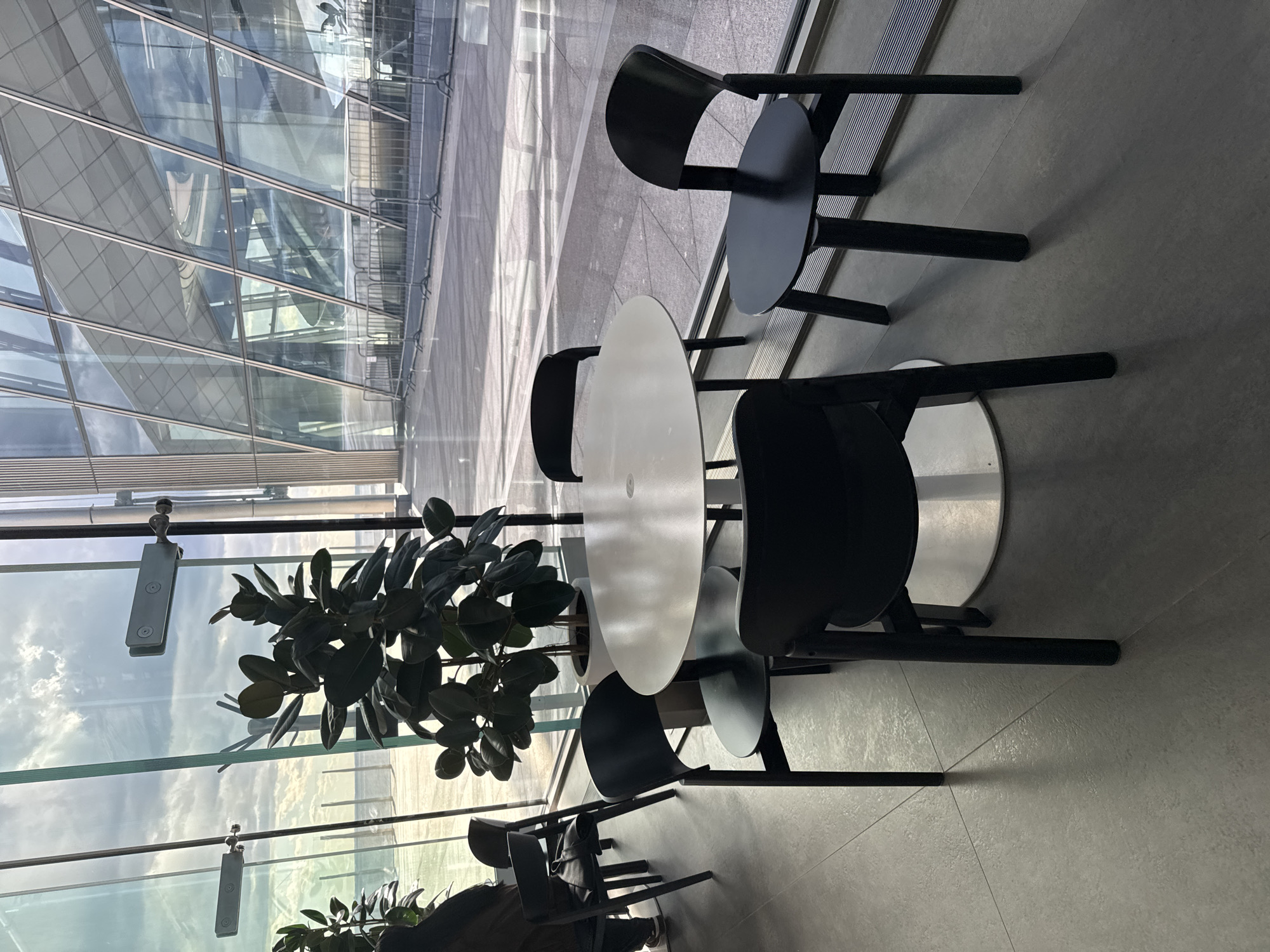 The image captures an indoor scene, likely a café or restaurant, adjacent to a large window offering an expansive view. Through the glass, the exterior reveals a modern architectural structure with a multi-story design, suggesting an urban environment. Reflections on the glass indicate an overcast sky.
Inside, several black chairs surround round tables, some with white tops and some with metal tops. A potted plant stands near the window, adding a touch of greenery to the interior. The floor is covered with light gray tiles. The location, Saint Petersburg, Russia, is not visually confirmed within this image.