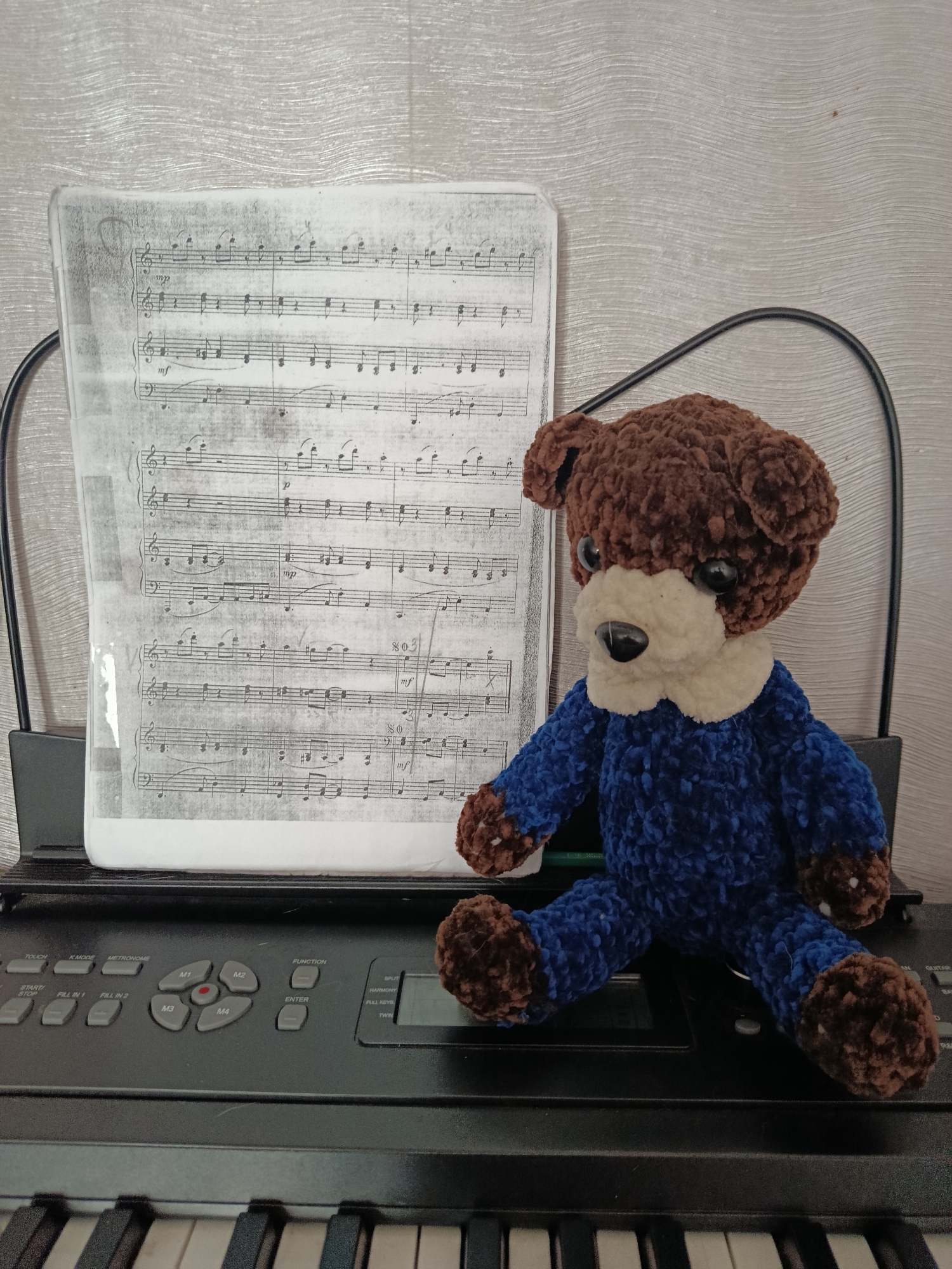 A plush brown teddy bear wearing a blue outfit sits on a black digital piano in Biysk, Russia. The teddy bear is positioned to the right of a sheet of music displayed on a music stand behind the piano. The music stand is black and curved, holding the sheet music upright. The digital piano has a control panel with buttons and a small screen, located above the keyboard. The background is a textured wall with a light, neutral color.