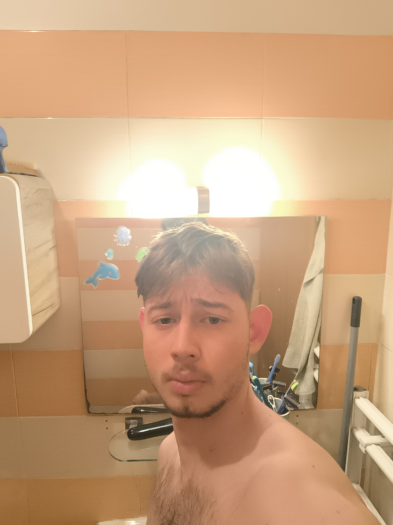 The image is a self-portrait of a young man in a bathroom. He has dark hair and a beard, and is shirtless. The bathroom has orange and beige tiles on the walls. There is a mirror behind him with toy sea creatures attached. A cabinet is to his left and a white towel rack is to his right. A cleaning implement, likely a mop or broom, stands in the corner near the towel rack. The lighting is bright, with two lights above the mirror. The exact location within the city of Sofia, Bulgaria cannot be determined from the image.
