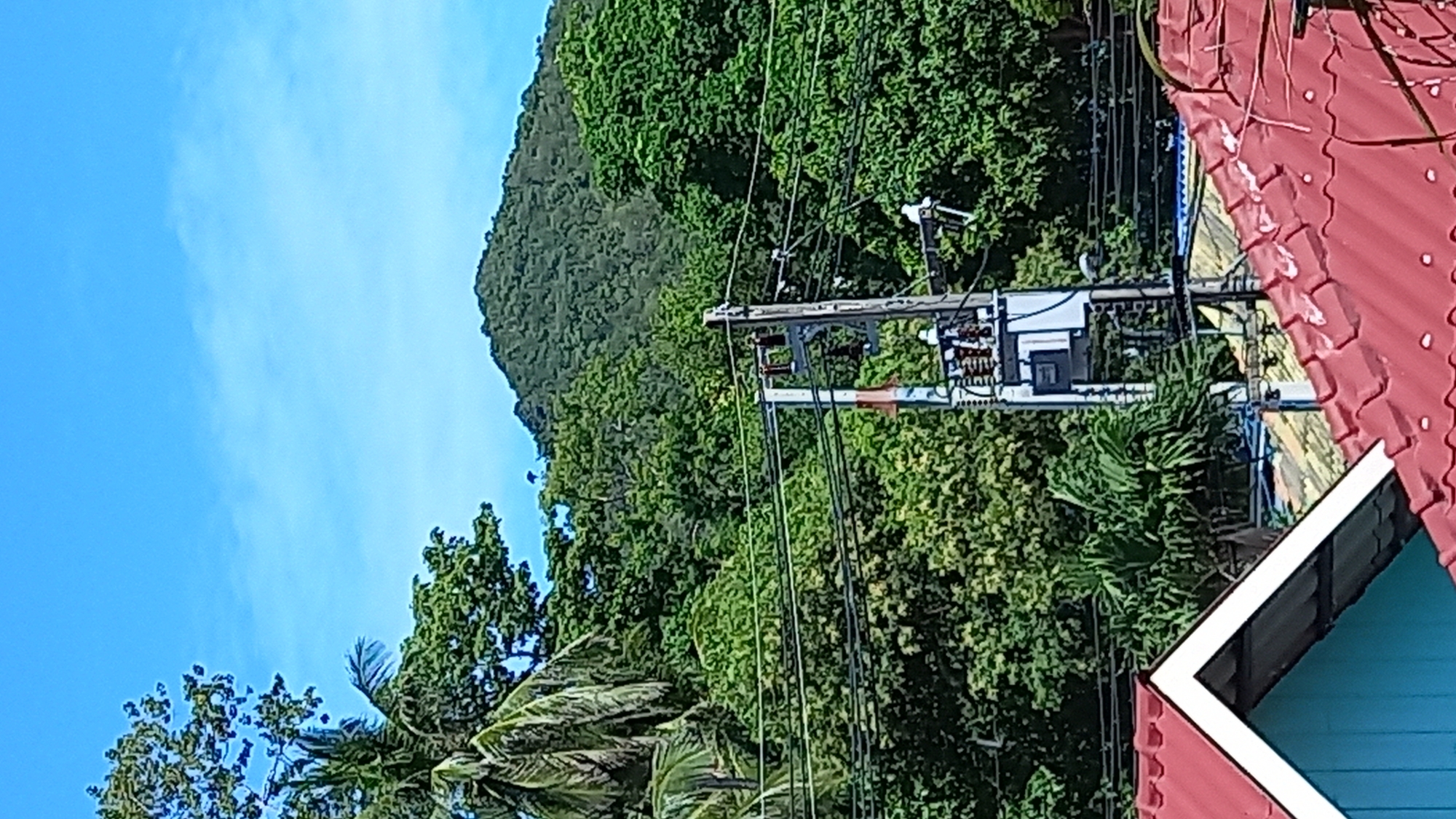 The image captures a scene in Tambon Ko Pha Ngan, Thailand, with a focus on a utility pole and surrounding foliage under a bright blue sky. In the foreground, a portion of a red-tiled roof and a turquoise wall of a building are visible. A utility pole stands prominently in the midground, supporting electrical wires and a transformer box. Several individuals, appearing to be utility workers, are seen on or near the transformer box, possibly engaged in maintenance work. Lush green trees and palm trees dominate the background, with a verdant, tree-covered mountain forming the furthest backdrop. The overall environment suggests a tropical or subtropical setting.