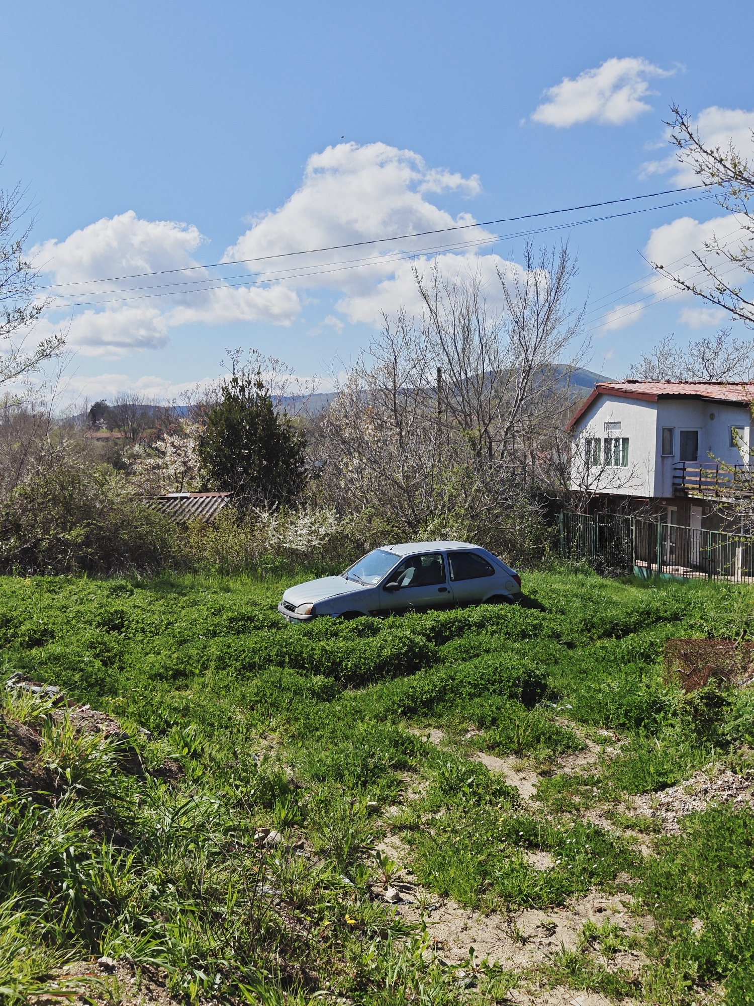 The image depicts a silver compact car, partially submerged in a field of tall green grass. The location appears to be a rural or semi-rural area, with a white house with a red roof visible in the background, along with trees and vegetation. Power lines are visible in the upper portion of the frame. Based on the prompt, the scene is located in Tsarevo, Bulgaria.
