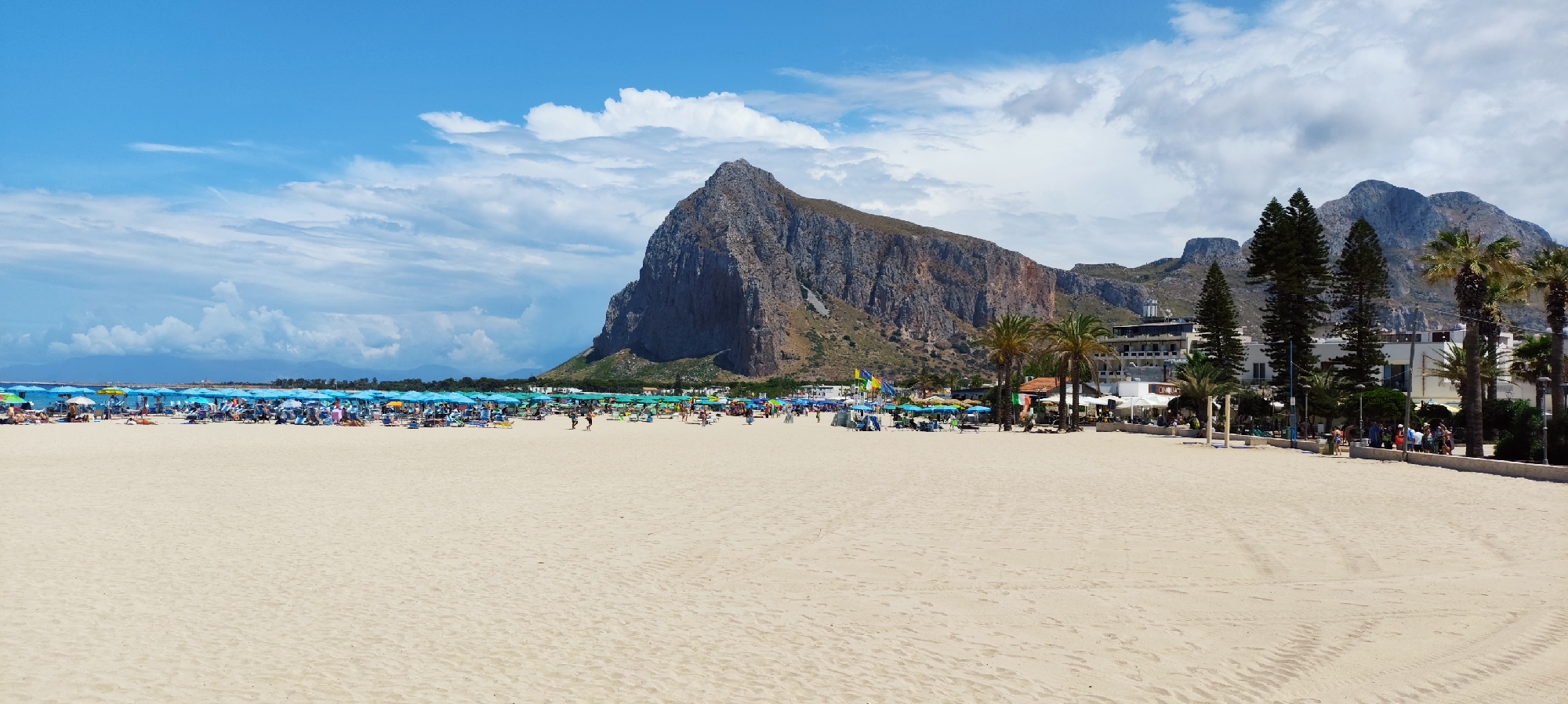 This is a panoramic, eye-level, wide shot of a crowded beach in San Vito Lo Capo, Italy, on a bright, partly cloudy day. The foreground is dominated by a wide expanse of light-colored sand, marked with tire tracks from a vehicle. In the mid-ground, a long line of blue and some green beach umbrellas are set up, with people seated on chairs beneath them, lounging and enjoying the beach. There are also some beach chairs scattered around.
Beyond the umbrellas, a row of buildings forms the backdrop, including some with white facades and balconies. Palm trees and tall, dark green coniferous trees are interspersed with the buildings, and some are located on the beach.
To the left of the frame, the sea is visible with a clear blue sky above, dotted with white clouds. The dominant feature of the background is a large, imposing rocky mountain with steep, textured slopes that rises dramatically from the coastline. The mountain is partially covered in dry vegetation and has visible geological strata. The overall scene conveys a lively summer atmosphere at a popular tourist destination.