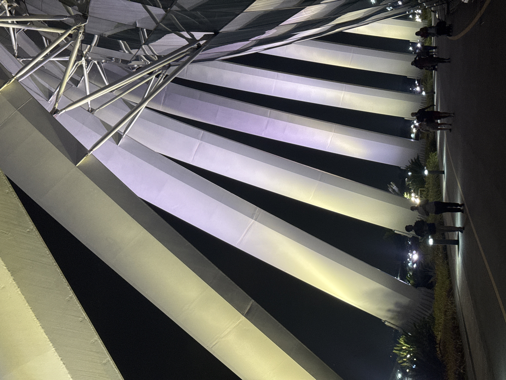 The image shows an exterior view of the Supertree Grove at Gardens by the Bay in Singapore at night. The Supertrees are illuminated with yellow and purple lights, creating a dramatic effect against the dark sky. In the foreground, a pathway is visible, with several people walking along it. The people are silhouetted against the bright lights and appear to be enjoying the nighttime ambiance. The Supertree Grove is a popular tourist attraction in Singapore, known for its unique architecture and impressive light shows. The overall scene is one of wonder and awe, with the Supertrees standing tall and majestic as they light up the night sky.