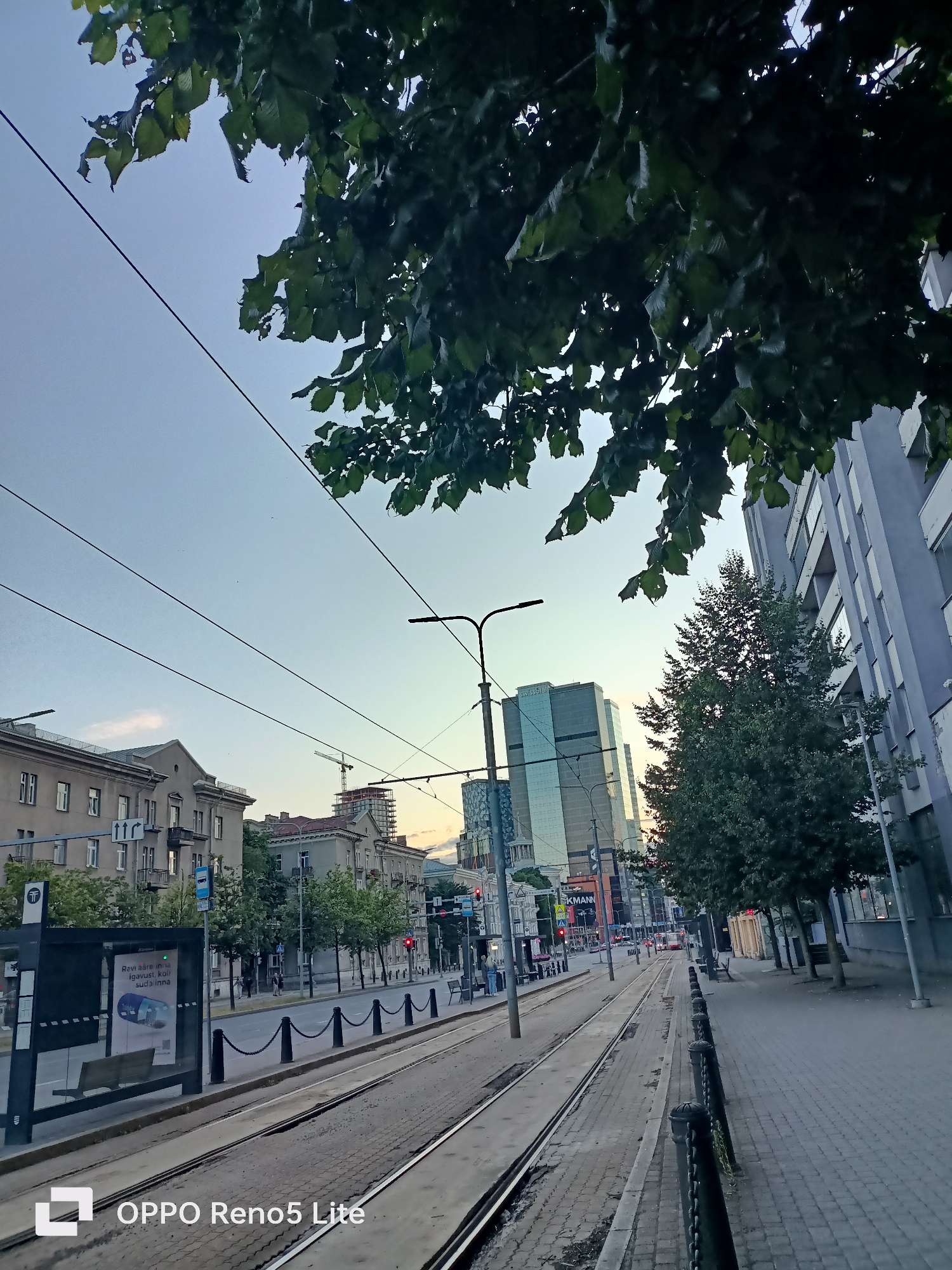The image depicts a view of the tram tracks and sidewalk on Gonsiori Street in Tallinn, Estonia. In the foreground, tram tracks run parallel to a paved sidewalk lined with a black metal chain fence. Buildings of varying architectural styles line the street, including older, classical buildings and a modern, glass-fronted skyscraper. Trees and overhead wires for the trams are visible throughout the scene. A tram stop shelter with seating and advertisements is present on the left side of the frame. In the distance, a construction crane indicates ongoing development in the city. The sky is clear and overcast, suggesting a mild day. The overall impression is of a busy urban environment with a mix of old and new infrastructure.