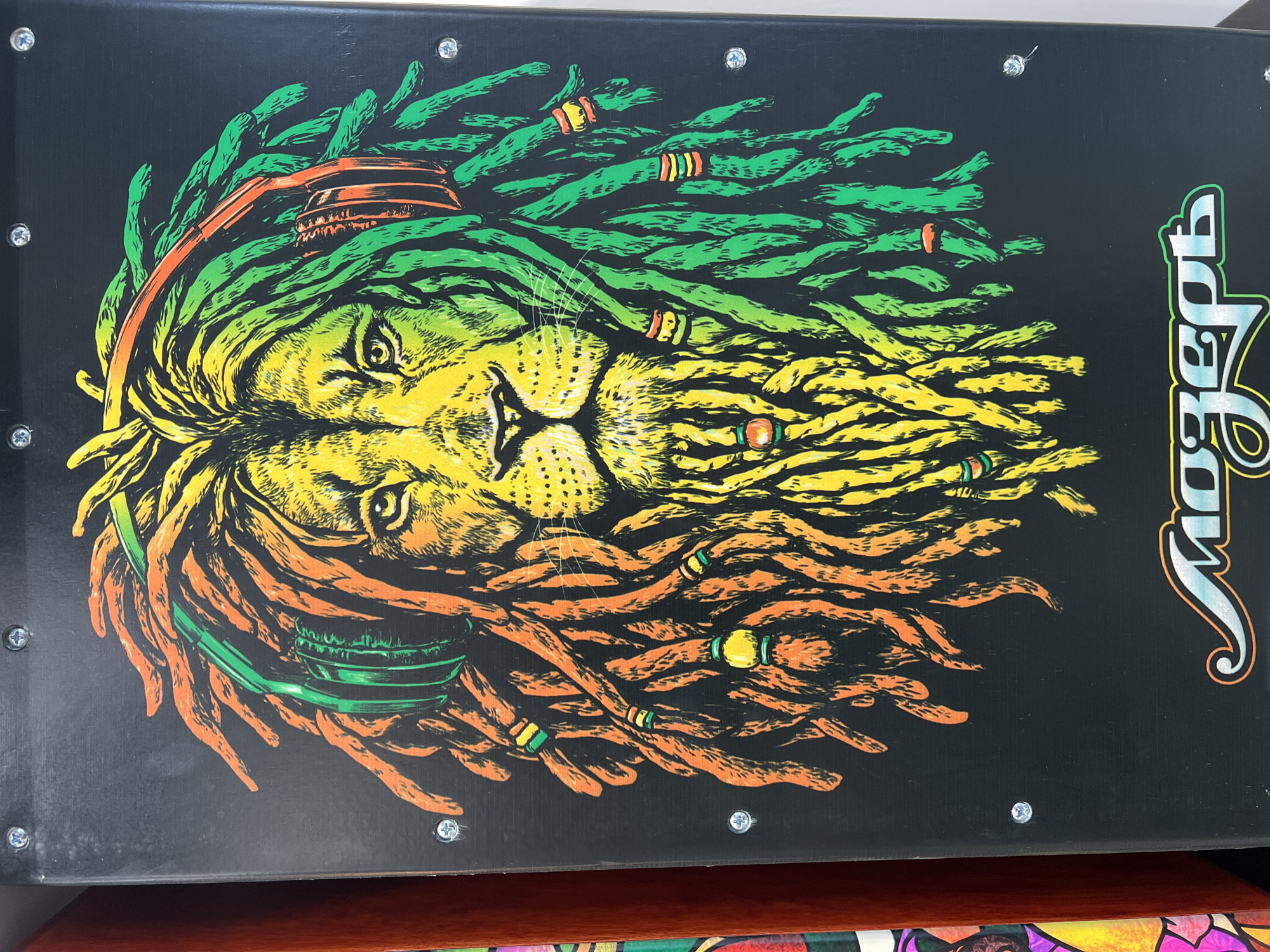 The image shows a close-up of a black cajón drum. The drum features a large, centered graphic of a lion's head with dreadlocks in the colors of the Rastafarian flag: green, yellow, and red. The lion is wearing headphones. There are six screws visible around the edges of the drum. To the right is the text "Mozart" in Russian. The location, city of Saint Petersburg, Russia cannot be determined from this image.