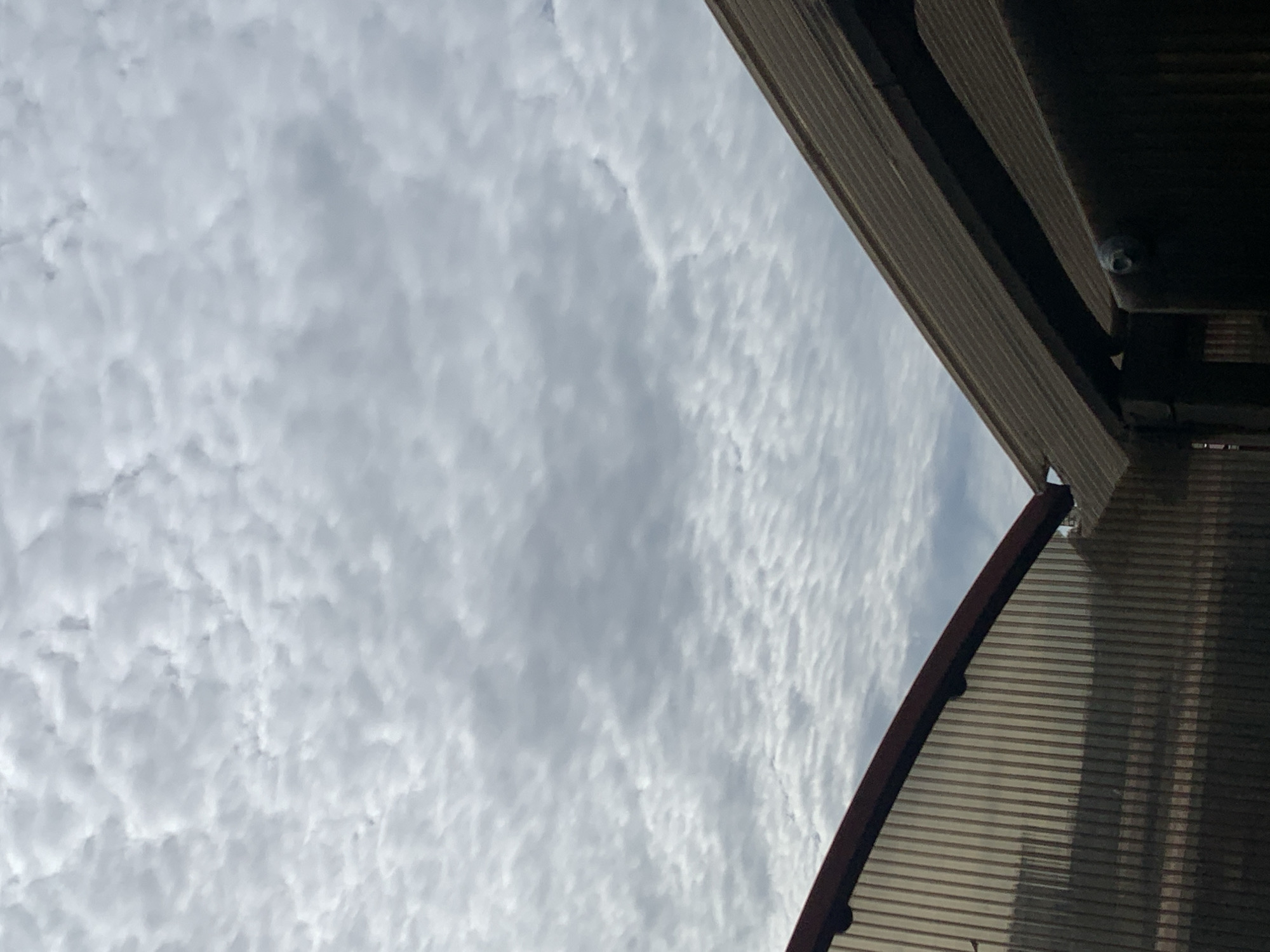 The image presents an upward-looking view, capturing a sky filled with patterned clouds and segments of two architectural structures on the right. The sky, dominating the left and central parts of the frame, is largely covered by numerous small, rippled, light grey and white cloud formations, characteristic of altocumulus clouds, suggesting a partially overcast or fair weather condition.
On the upper right, a dark, corrugated overhang or roof structure is visible, supported by darker beams. A small, cylindrical, light-colored object, possibly a security camera or sensor, is attached to the underside of this upper structure. Below and to the left of this, a second, lower structure is present. This structure also features corrugated material, appearing lighter in color, and is bordered by a distinct dark, curved edge on its left side. This lower structure casts pronounced shadows onto a vertical, corrugated surface behind it.
The lighting indicates daytime, likely mid-morning or afternoon, as evidenced by the angles of the shadows. No human activity or specific event is taking place. The scene primarily showcases the interplay between the natural cloud patterns and the functional, corrugated architectural elements. No text is visible in the image. The location is an outdoor setting.