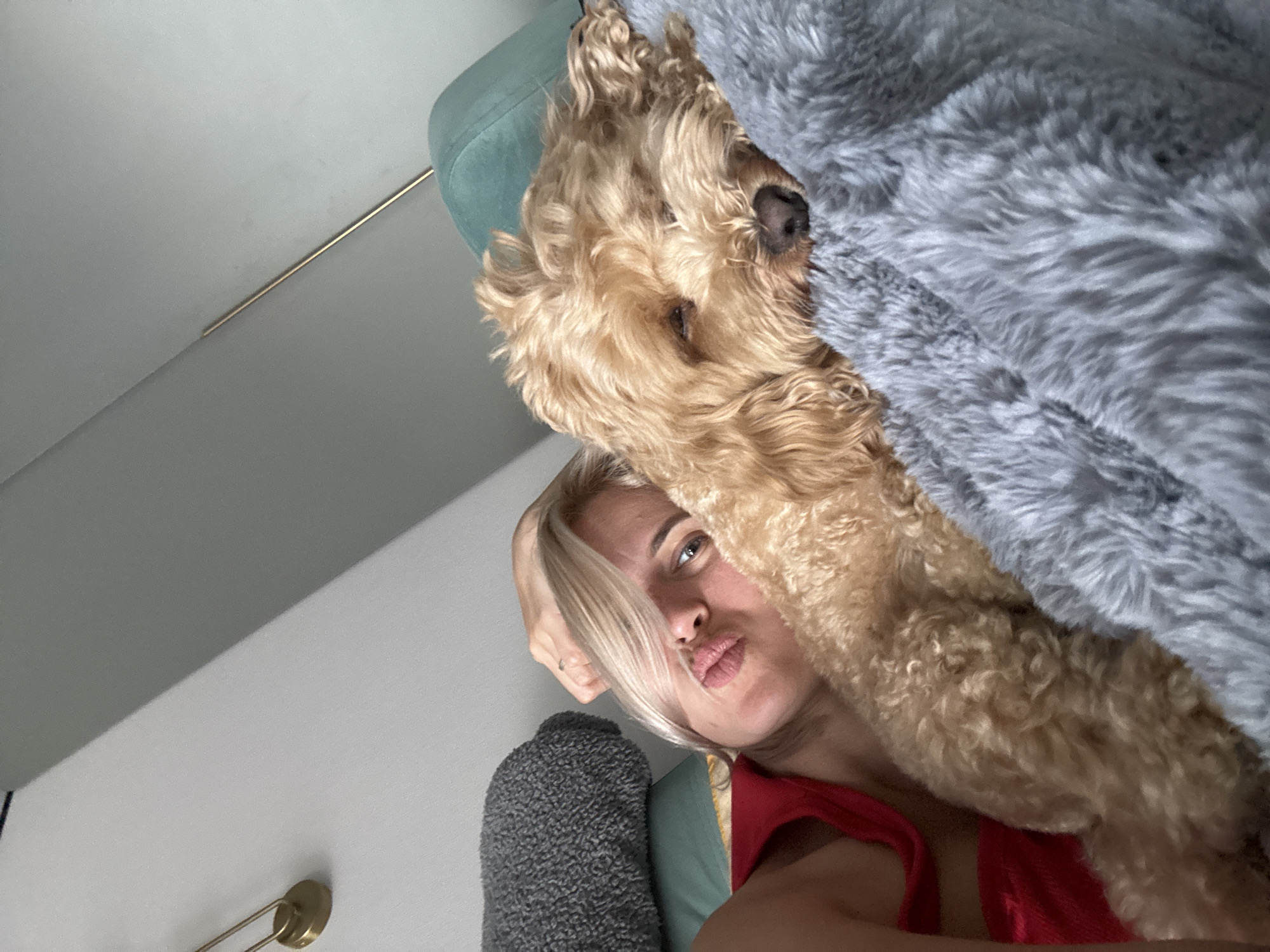 An upward-angled selfie taken indoors captures a blonde woman and a golden-colored dog. The woman, appearing to be in her 20s or 30s with light hair and eyes, makes a playful "duck face" expression towards the camera. She is wearing a red top or dress, visible on her shoulder and chest, with her arm partially visible behind her head.
Beside her, a fluffy, light brown dog, resembling a poodle mix, rests its head near the woman. The dog's snout and part of its eyes are visible, suggesting it is calm and relaxed. They are positioned on or next to a teal or light blue upholstered piece of furniture, possibly a sofa or bed headboard. A grey, shaggy or fluffy blanket covers a portion of the dog and the furniture, enhancing the cozy atmosphere.
The background features a minimalist wall with a two-tone grey and white design, subtly divided by a thin, golden metallic strip. A small, circular golden-colored fixture is also visible on the lower left wall. The bright, even lighting suggests it is daytime. The overall mood is casual and intimate, depicting a moment of relaxation between a pet owner and her dog in a contemporary residential setting. No visible text is present in the image. This scene is located in Saratov, Russia.