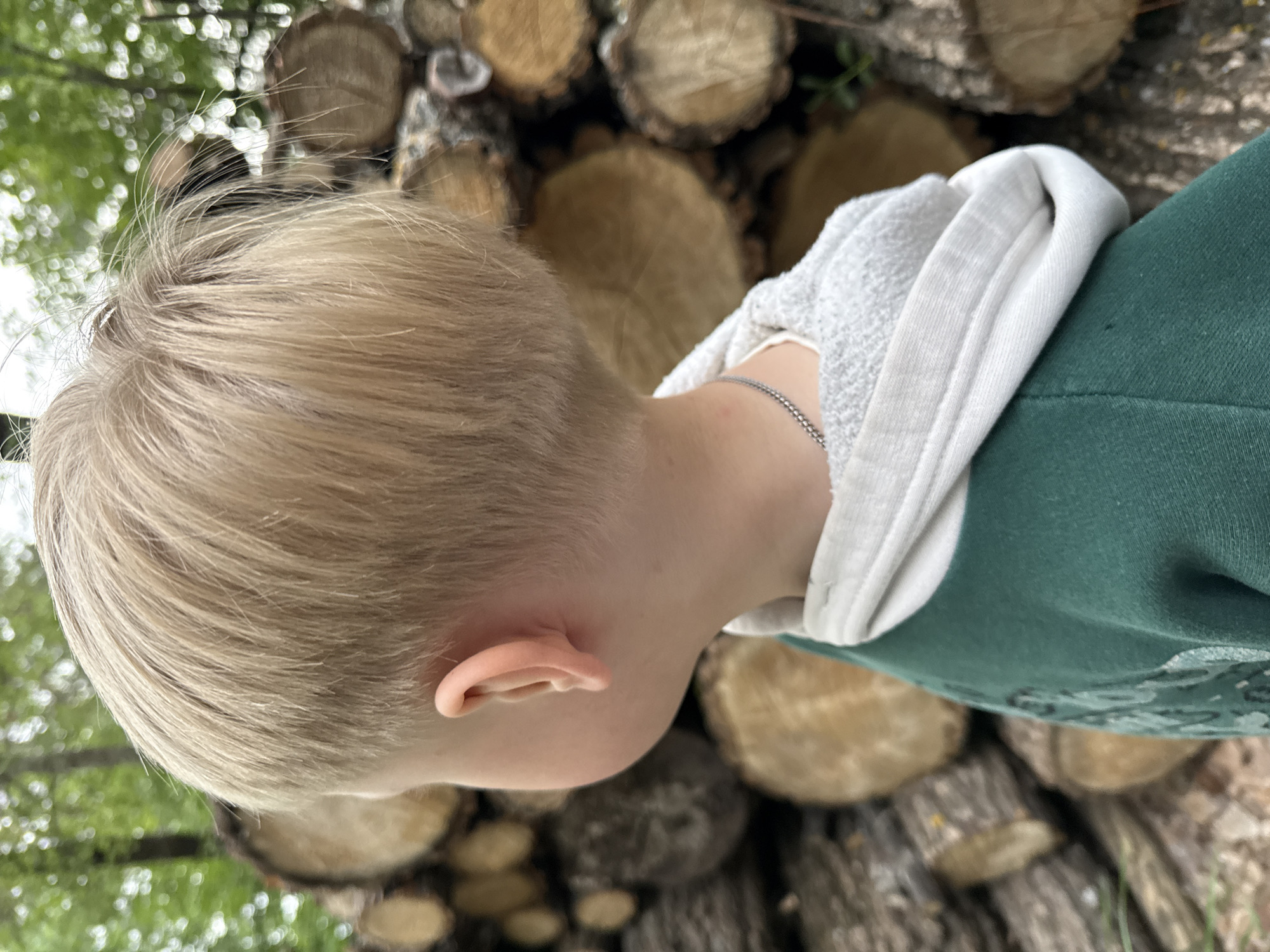 A close-up, slightly angled shot shows a child with short blonde hair standing near a stack of logs. The child is wearing a green shirt with a white collar visible at the neckline. A thin silver chain is around their neck. The background is a pile of cut logs, with some greenery visible in the top left corner. The location is likely somewhere with access to stacked logs, which is not sufficient to localize to Chaikovsky, Russia.