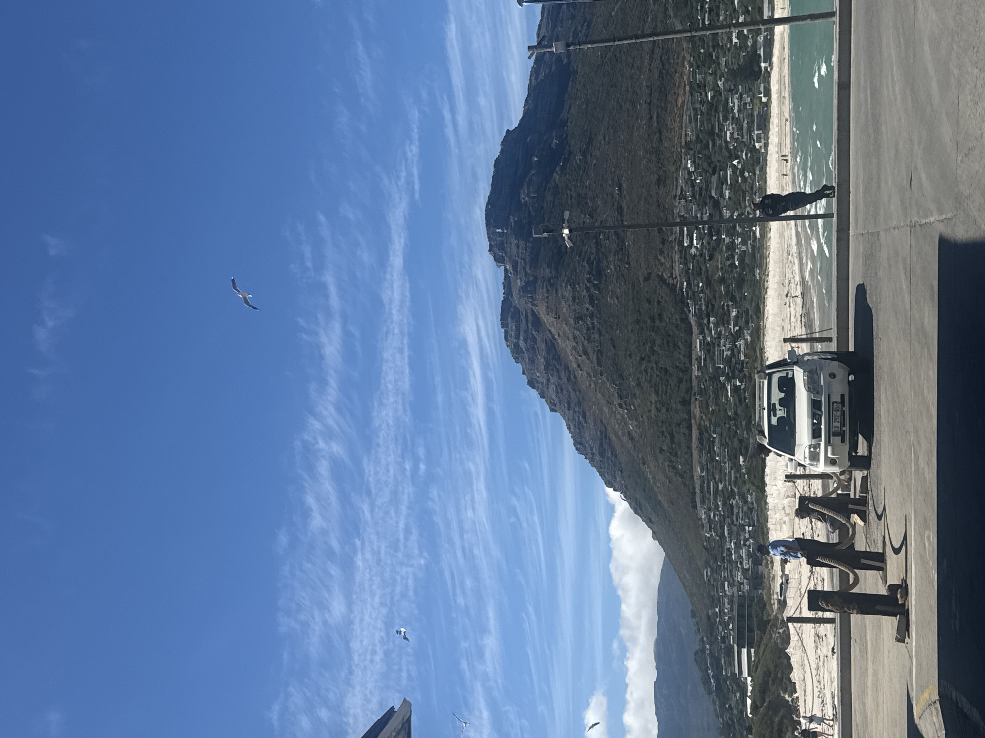 The image depicts a coastal scene in Hout Bay, South Africa, featuring a view of the beach and the backdrop of the mountain. A white car is parked on a paved area near a railing, with a person standing by the railing. The beach is visible beyond the railing. Seagulls are seen in the sky. The sky is blue with streaky clouds. The mountain slopes down to the coastline, dotted with buildings.