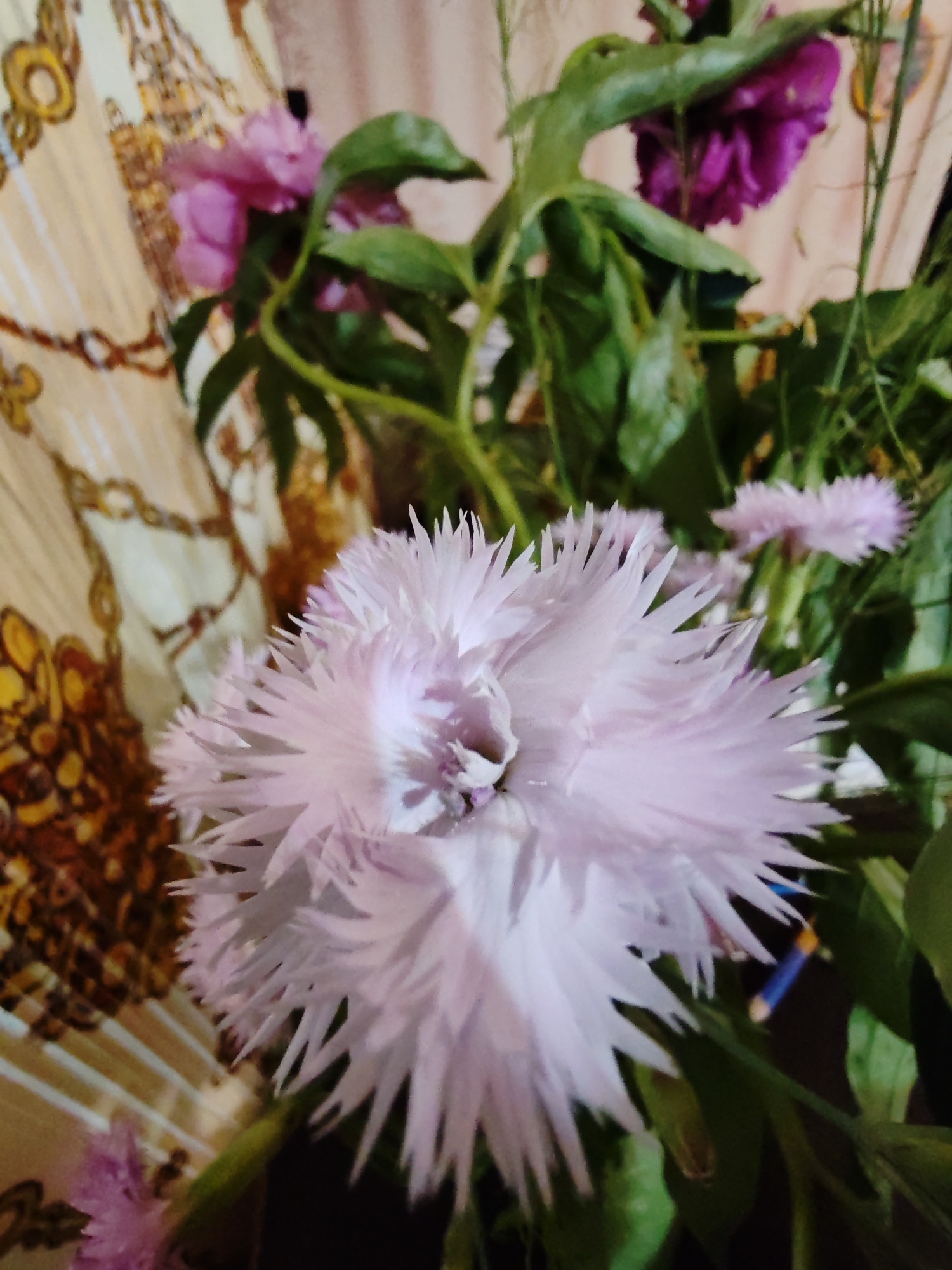 The image shows a close-up of a bouquet of flowers, primarily featuring a large, light pink, feathery flower in the foreground. Behind it, other flowers in shades of pink and purple are visible, along with green leaves. The background is a fabric with a patterned design in beige and gold, resembling ornate scrolling or chain links. The scene is likely indoors, possibly in a home setting, given the presence of decorative fabric. There is no indication of the city of Чухлэм, Russia, or any specific urban environment.