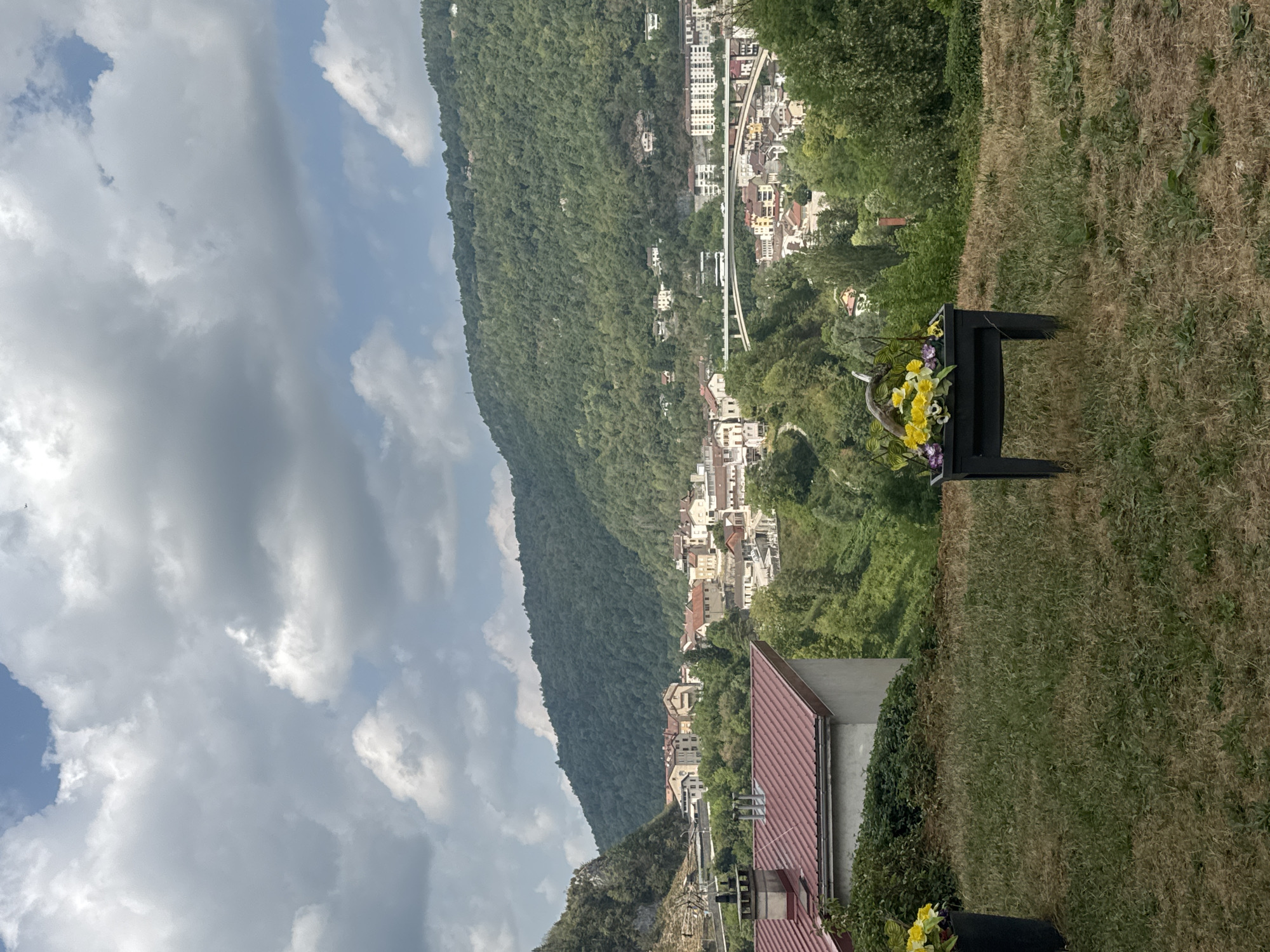The image depicts a panoramic view of Saint-Claude, France, a town nestled in a valley surrounded by lush green hills. In the foreground, a manicured lawn occupies the bottom half of the frame, with two large planters filled with yellow and purple flowers. The planter on the right features a decorative arrangement of driftwood and foliage. A low, gray building with a red tiled roof is visible on the left, partially obscured by greenery.
The middle ground of the image showcases the town of Saint-Claude. Numerous buildings with terracotta roofs are densely packed, situated on the slopes of the valley. A prominent arched bridge, carrying a road with traffic, spans the valley and connects different parts of the town. The hillsides are heavily forested, creating a natural backdrop.
The upper portion of the image is dominated by a sky filled with a mix of white and gray clouds, with patches of blue visible. The overall scene suggests a tranquil day in a picturesque French town. There are no people or animals visible in the image.