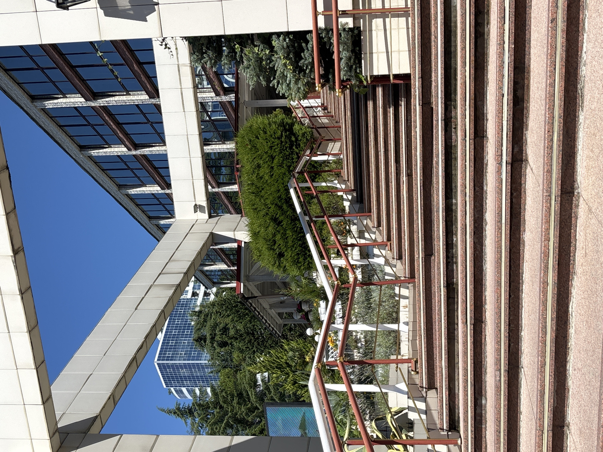 The image depicts an outdoor scene with a focus on a wide, stone staircase leading up to a building. The staircase has red granite steps with white risers. Red railings with white vertical supports flank the stairs. Beyond the stairs, a white building with a modern architectural style is visible, featuring large, dark-tinted windows. Green trees and bushes are planted around the building and along the sides of the stairs, adding greenery to the scene. In the background, a taller, modern high-rise building with many windows can be seen. The sky is clear and blue, indicating a sunny day. The architectural style and the presence of lush vegetation are characteristic of Sochi, Russia, a city known for its subtropical climate and resort areas. No people are visible in the image.