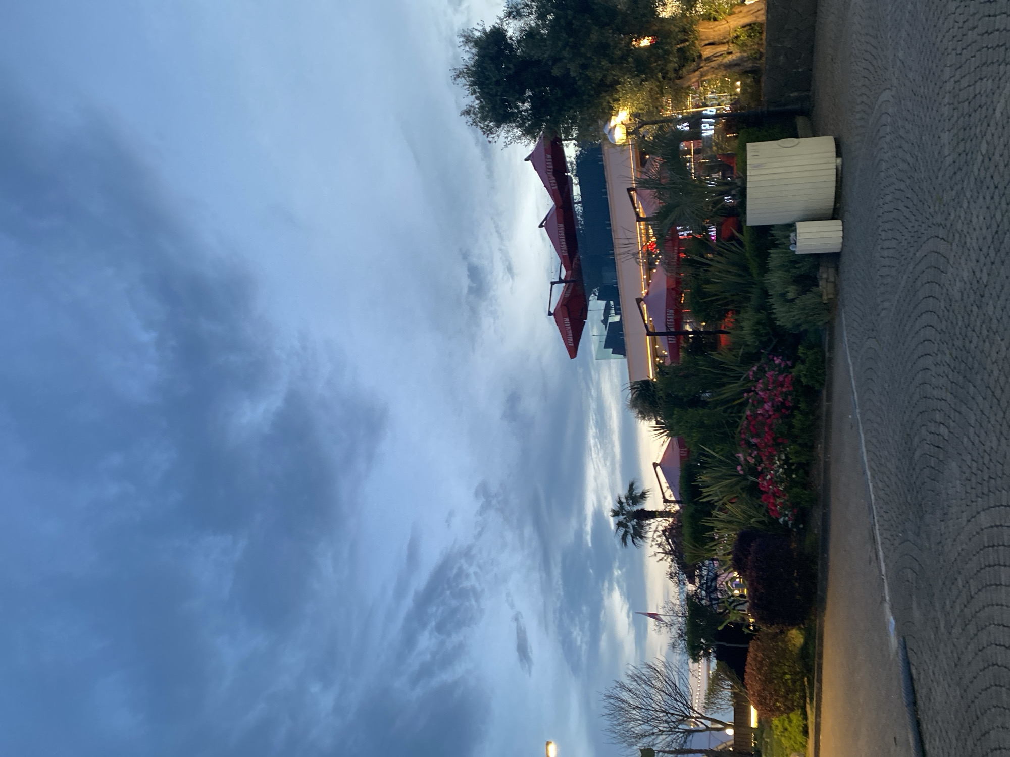 The image shows a cloudy evening scene along a paved walkway in Sochi, Russia. On the right side of the walkway is a restaurant with red umbrellas and outdoor seating. A variety of plants and flowers are planted along the edge of the walkway, near the restaurant. The sky is filled with dark, ominous clouds. The setting appears to be near the coast, as faint lights can be seen in the distance, possibly reflecting off water. There are no people visible in the immediate scene.