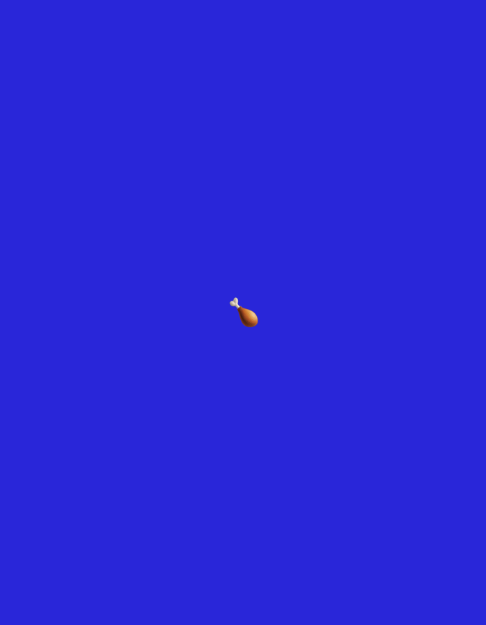 A single, stylized chicken leg emoji is positioned centrally against a solid, royal blue background. The emoji depicts a cooked chicken drumstick with a brown, slightly textured surface and a white bone protruding from the top. The background is uniform and lacks any discernible features or context related to Moscow, Russia. The image is a simple graphic composition with no observable actions or interactions.