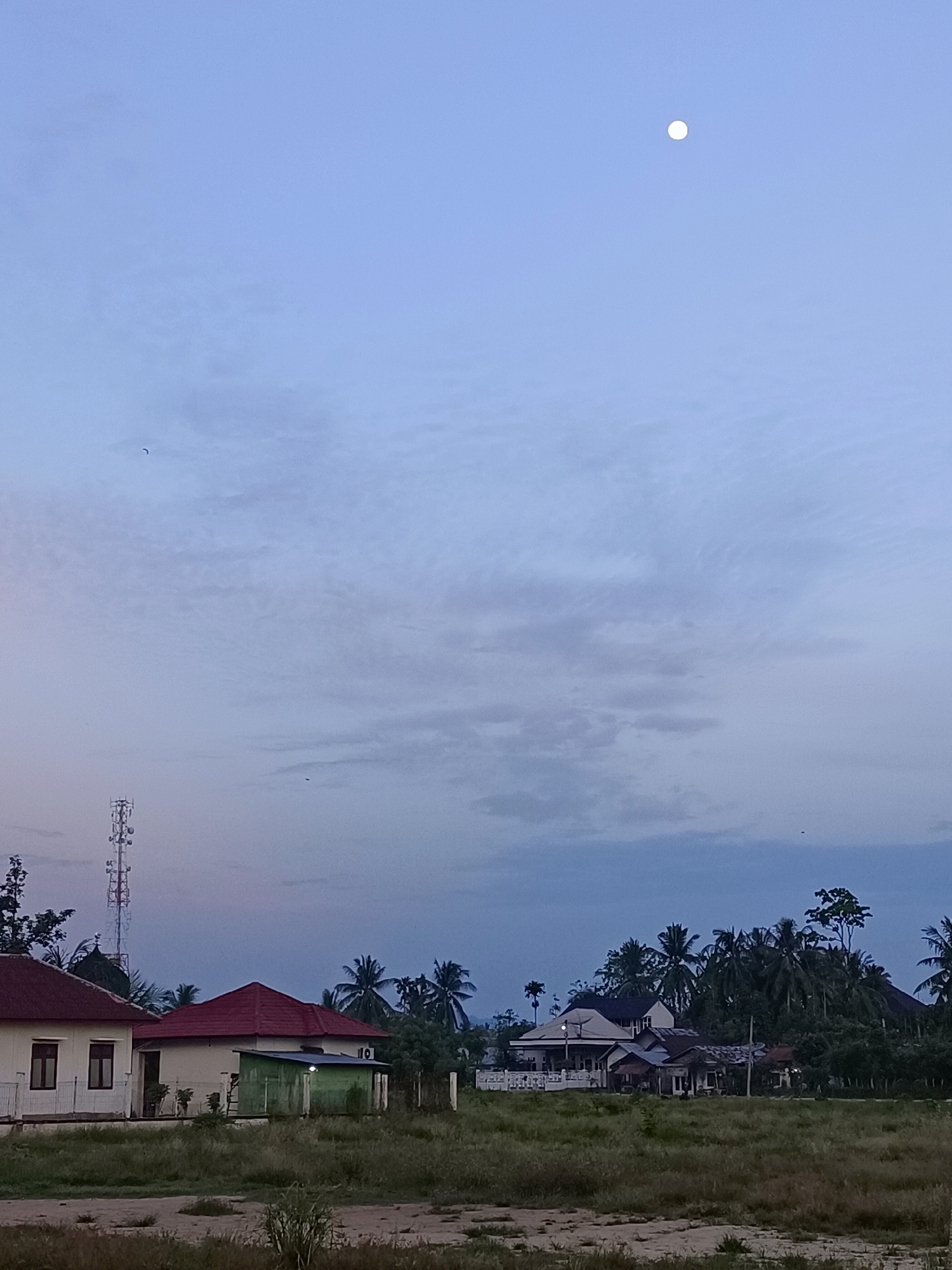 This is a horizontal, eye-level photograph of a semi-rural landscape at dusk, possibly in Meunasah Bie, Indonesia. A bright, full moon hangs in the upper right portion of the pale blue sky, which is sparsely covered with thin, wispy clouds. In the middle ground, a collection of buildings is visible. To the left, a white house with a red roof stands next to a smaller green structure. Behind these houses, a tall cellular tower with multiple antennas dominates the skyline on the left side of the image. Further to the right, a line of palm trees and dense foliage stretches across the horizon, obscuring some of the buildings. The foreground consists of dry, overgrown grass and barren, sandy ground. The overall atmosphere is calm and serene, with a hint of twilight.