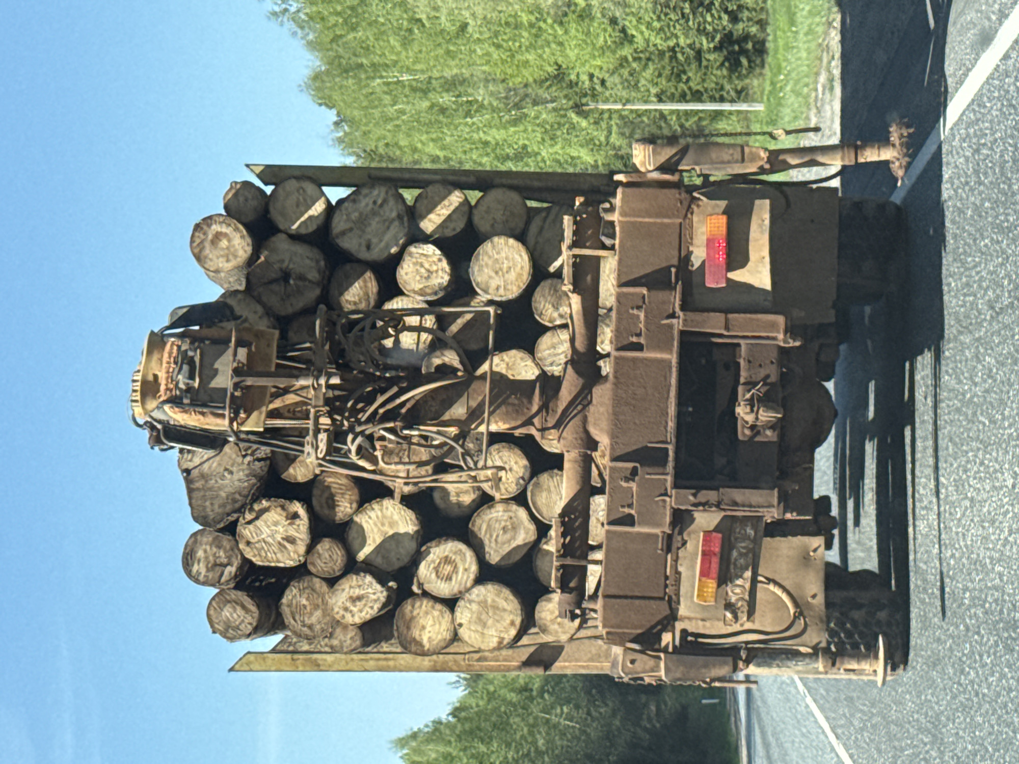 A logging truck is traveling on a road through a wooded area. The truck is loaded with many logs. The background includes a clear blue sky and green trees. The road has a white line marking the edge. The location is identified by its general environmental characteristics. Specific elements like road markings and forest type provide contextual details about the landscape.
