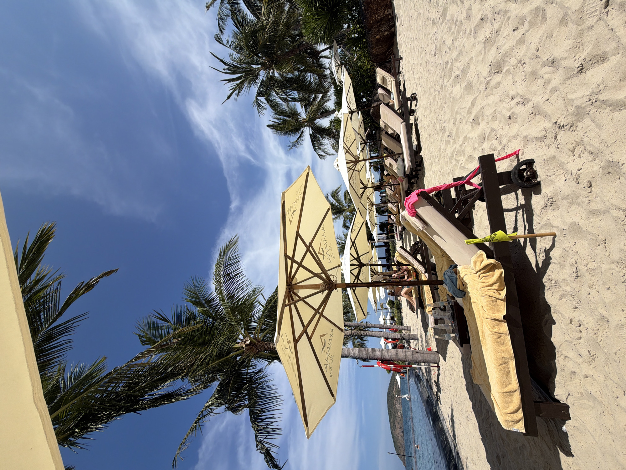 The image depicts a beach scene at Bac Nha Trang Ward, Vietnam. A row of beach umbrellas casts shadows on lounge chairs arranged on the sandy beach. Palm trees line the edge of the beach, and the sky is blue with scattered clouds. The ocean is visible in the background. People are sitting on some of the beach chairs. A pink garment is draped over one of the chairs, along with a light-colored towel.
