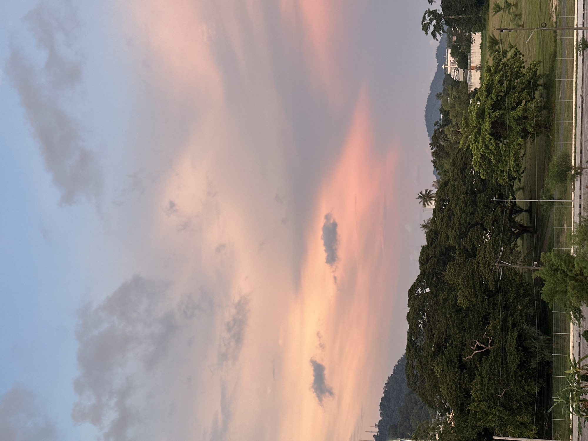 The image depicts a serene sunset over a landscape in Wichit, Thailand. The sky is a canvas of soft hues, transitioning from a pale blue at the top to delicate pinks and oranges near the horizon. Wispy clouds are scattered across the sky, catching the fading sunlight. Below, a lush expanse of trees dominates the middle ground, their dense green foliage creating a striking contrast with the vibrant sky. In the distance, rolling hills are visible, partially obscured by the trees and the atmospheric haze. A few buildings are nestled amongst the trees, some appearing residential and others larger structures that might be part of a complex or institution. The foreground shows a manicured grassy area, possibly a park or a field, with power lines and poles visible, suggesting the presence of infrastructure. A metal fence runs along the bottom edge of the image, separating the grassy area from what appears to be a road or walkway. No people or animals are visible in the frame. The overall impression is one of natural beauty and tranquility, with a subtle human presence integrated into the environment.