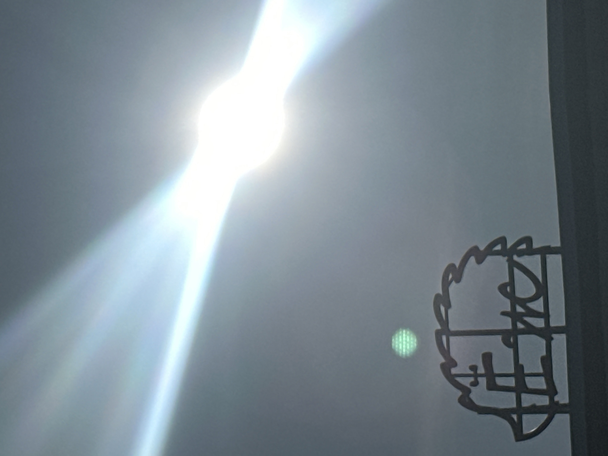 The image captures a silhouette of a hedgehog-shaped metal sign against a bright, hazy sky, likely due to the sun being directly in view. The sun is a powerful light source, causing lens flare and streaks of light to dominate the upper portion of the image. The hedgehog sign, positioned in the lower left quadrant, is dark and appears to be made of metal. Inside the silhouette of the hedgehog, there are stylized letters, possibly forming a word or name. Above the hedgehog, a small, blurry green circular light is visible. The sign rests on a dark horizontal surface, suggesting it is mounted on a wall or railing. The overall scene suggests an outdoor environment in Plesetsk, Russia, with the bright sky and sun indicating daytime.