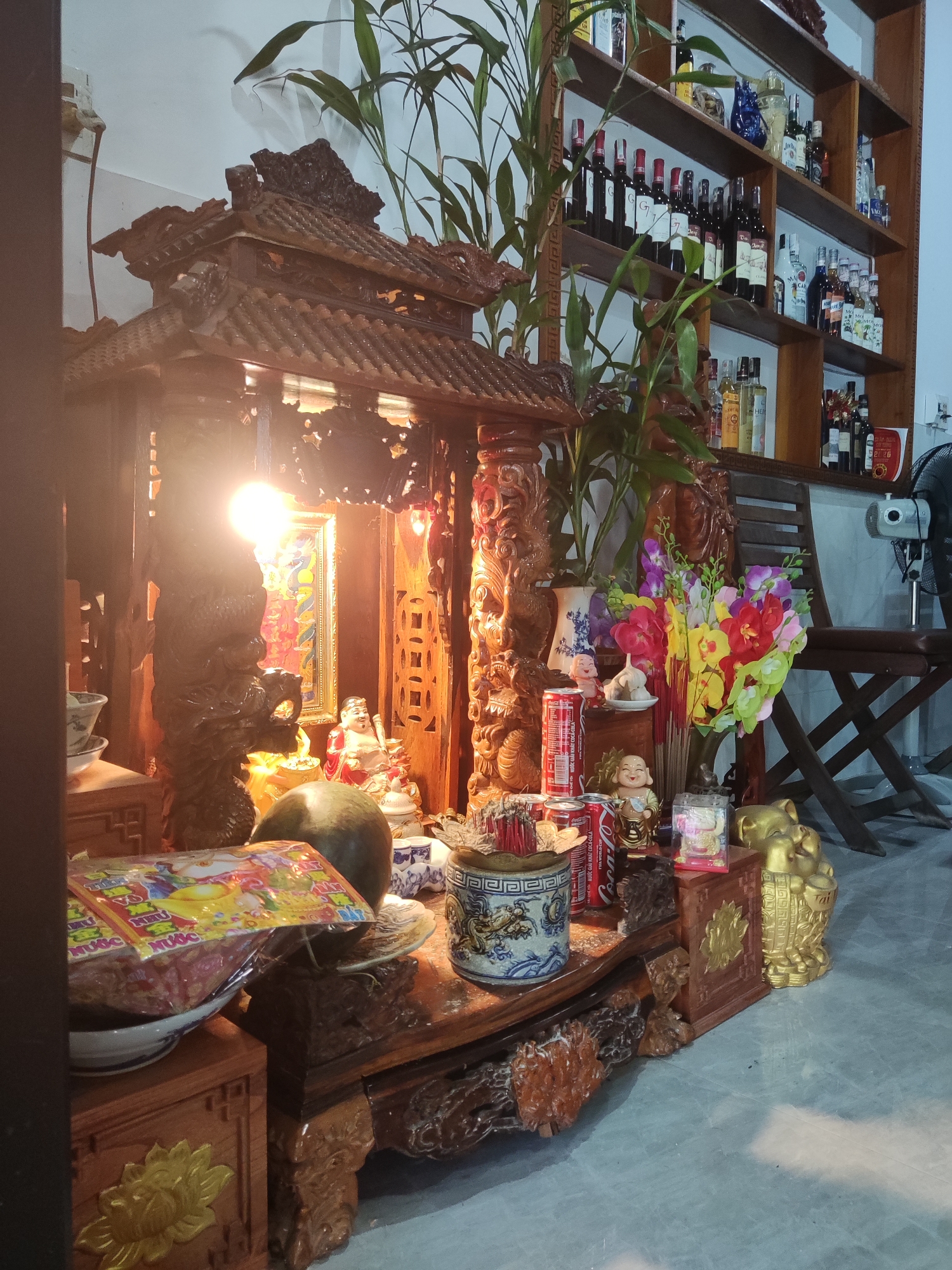 This image captures a vibrant and traditional altar or shrine in an indoor setting, characteristic of Vietnamese culture, likely in Đà Nẵng. The central focus is an elaborately carved wooden altar, illuminated by a bright light from within its ornate structure. Inside, a framed picture (possibly a deity or ancestral image, featuring a dragon) and small figurines are visible.
On the altar surface, numerous offerings are arranged: an incense burner with smoldering incense sticks, multiple cans of Coca-Cola, a vase of colorful artificial flowers (red, yellow, purple, pink), and small statues including a 'Happy Buddha' (Hotei/Budai). A large, dark green fruit and a ceramic bowl containing packaged snacks, prominently featuring the word "TẾT" and symbols of wealth like gold ingots, are also present. Golden elephant figurines adorn the base of the altar. Green leafy plants are placed around the altar, adding a natural element.
In the background, a wooden shelving unit holds a collection of various bottled spirits and wines, including brands like "777," "Daloc," "Smirnoff," "Moscato," and partially visible "Captain Morgan" and "Bacardi." To the right of the altar, a wooden chair and a black electric fan are visible against a white wall.
The scene depicts a daily or regular ritual of offerings and veneration, common for household or business altars dedicated to deities like the God of Earth and God of Wealth (Thổ Địa, Ông Thần Tài) in Vietnam, symbolizing hope for prosperity and good fortune. No people are visible. The bright light from the altar suggests it is active, and the offerings, especially those marked "TẾT," indicate a connection to celebratory or auspicious occasions.