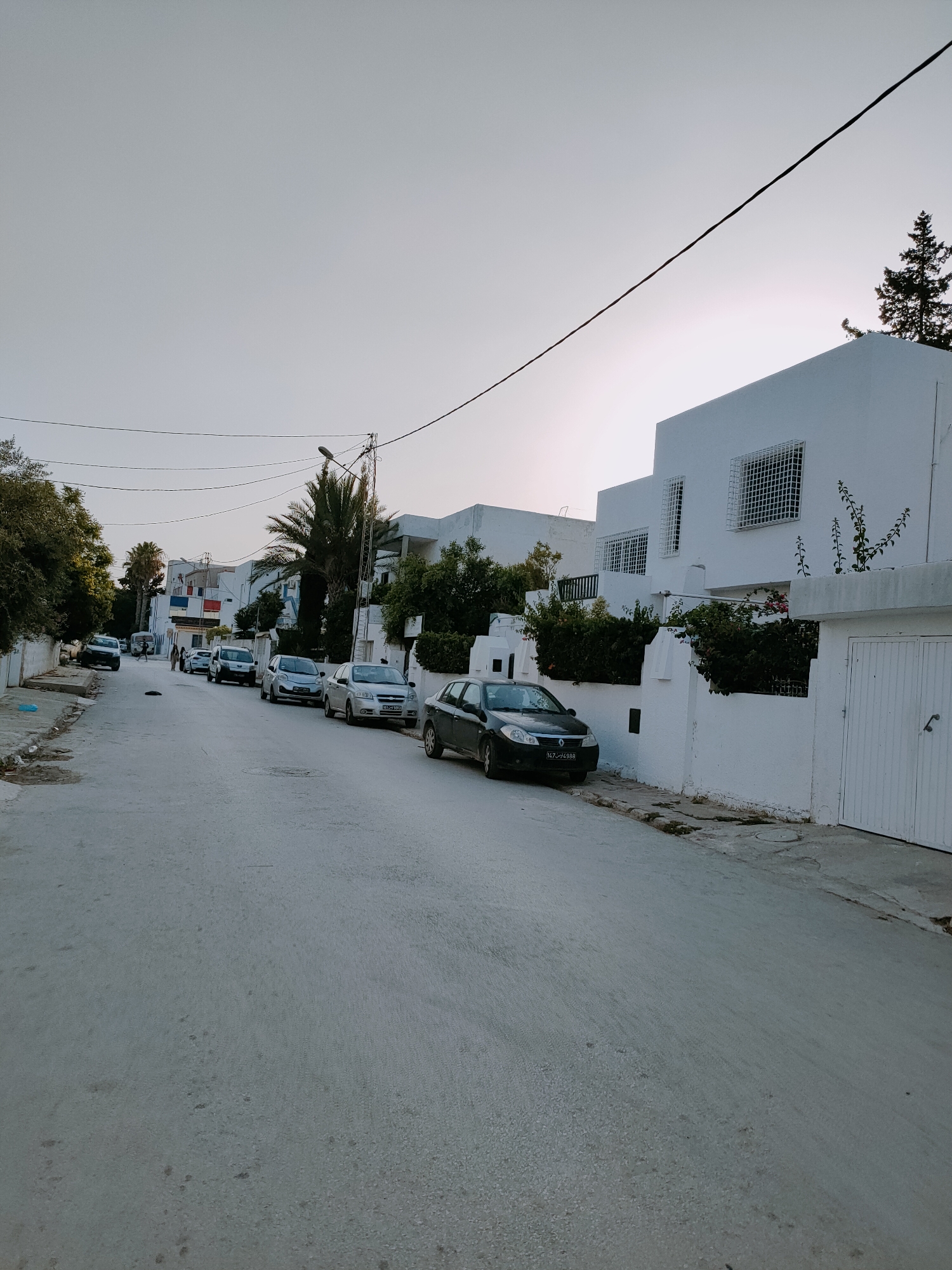 In an urban street scene in Unknown, Tunisia, a residential area is depicted with whitewashed buildings lining a paved road. The sky is overcast, creating a diffused light. Several cars are parked along the street, including a black sedan in the foreground, a silver hatchback, and other vehicles further down the road. The architecture of the buildings is modern, featuring clean lines and windows with protective grilles. Lush green trees and bushes surround the properties, indicating a temperate climate. A power line runs diagonally across the sky, supported by poles. The overall impression is one of a quiet, residential neighborhood under a neutral sky.