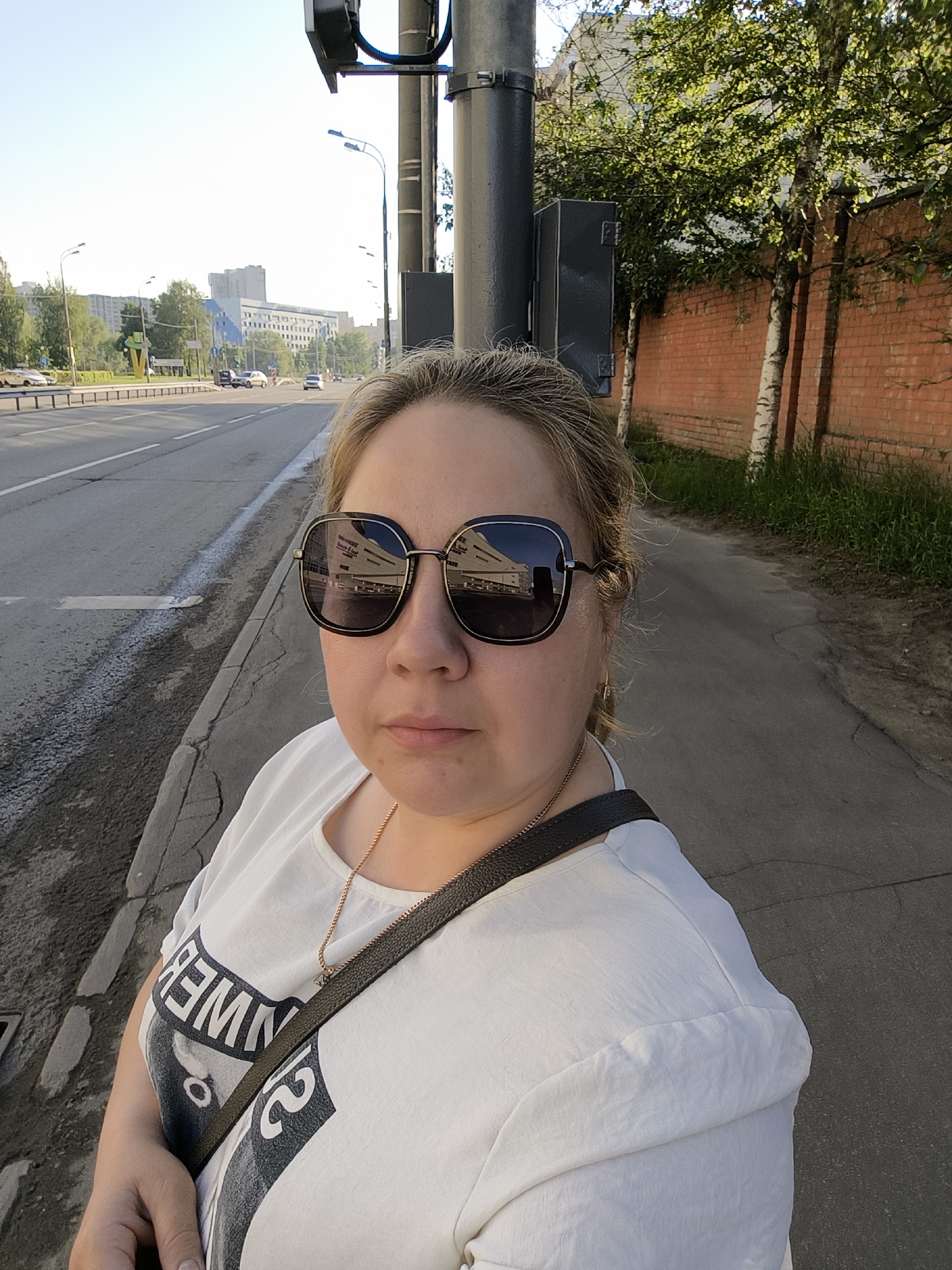 A person with light blond hair and sunglasses stands on a sidewalk beside a multi-lane city street. The individual is wearing a white t-shirt with a graphic design. A black strap is slung across their body. The street to the left shows cars and buildings in the distance under a clear, blue sky. A brick wall runs along the right side of the frame, with birch trees planted next to it. Behind the person is a black utility pole with attached equipment. The sidewalk is cracked and worn. The setting suggests an urban environment.