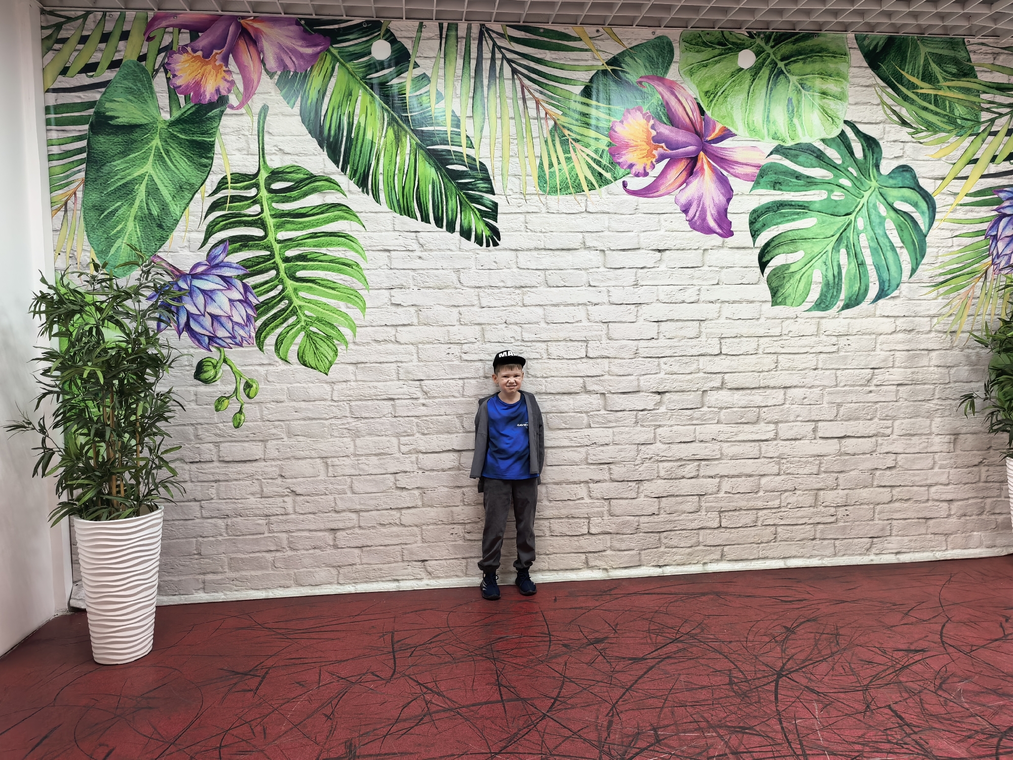 A young boy wearing a blue t-shirt, a grey zip-up jacket, grey pants, and a black baseball cap stands centered in front of a white brick wall. The wall is decorated with a large mural of tropical leaves and purple orchids. To the left of the boy, a tall potted plant with green foliage sits in a white, textured pot. The floor is a dark red color with black scuff marks. The scene appears to be indoors, possibly in a commercial or recreational space.