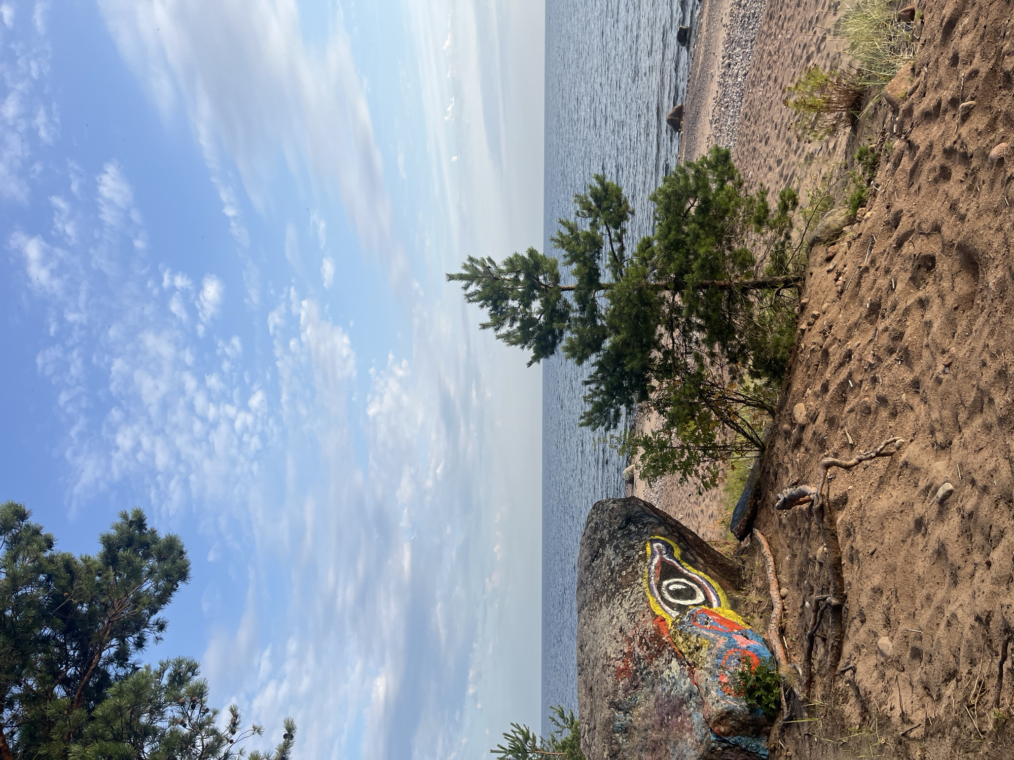 A vertical, eye-level shot captures a serene beach scene under a partly cloudy sky. The foreground is dominated by a sandy embankment dotted with exposed roots and small stones. A large, weathered boulder on the left side of the frame is adorned with vibrant graffiti, depicting a stylized eye with concentric rings of yellow, black, and white, outlined in red. To the right of the boulder, a young pine tree stands tall amidst sparse greenery.
The middle ground transitions to a pebble and sand beach that slopes gently towards a calm, blue body of water. The water's surface is smooth, with subtle ripples reflecting the sky. In the distance, the horizon line is clearly defined, separating the sea from the sky. The sky itself is a bright blue, punctuated by scattered, wispy white clouds. The overall atmosphere is peaceful and natural, with the graffiti adding a surprising splash of color to the otherwise rustic landscape. The location is Unknown, Unknown.