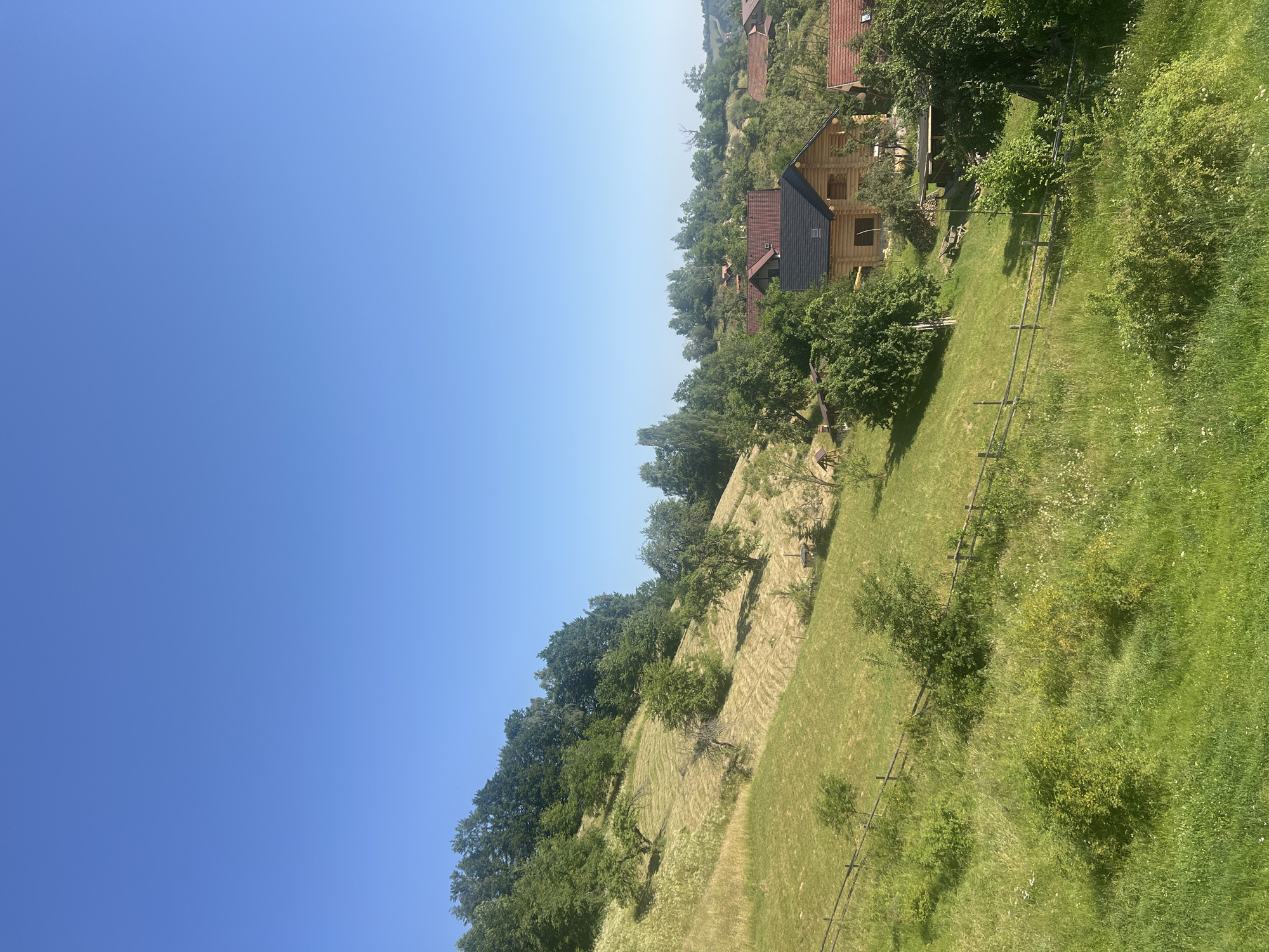 An outdoor, wide-angle, vertical shot captures a clear blue sky above a grassy hillside dotted with trees and a few buildings. The hillside is covered in various shades of green grass and dry hay, with a wooden fence running horizontally across the mid-ground. In the distance, nestled among trees, are several houses with red tile roofs and one prominent log cabin with a dark roof. The scene appears to be a rural or semi-rural setting.